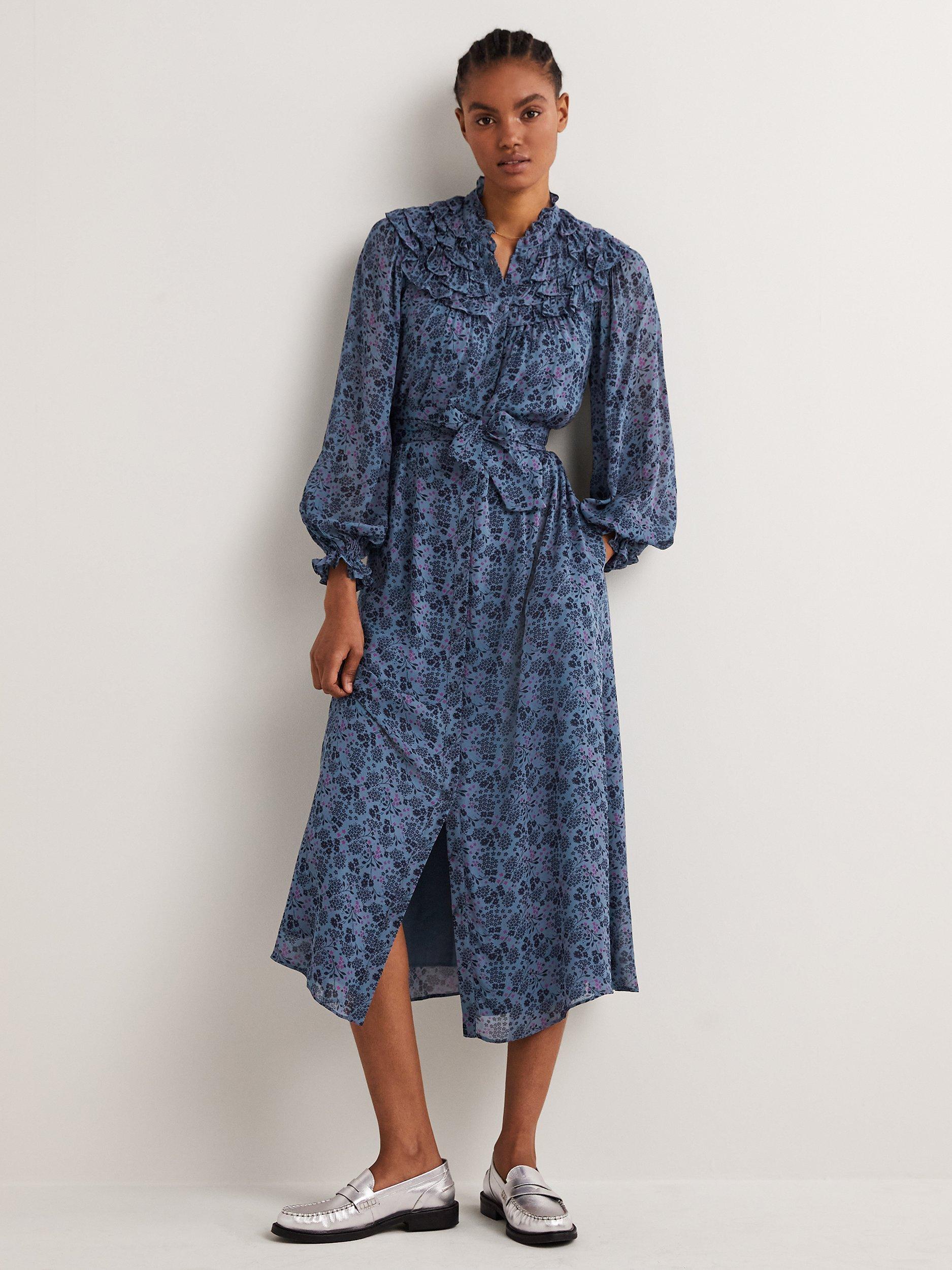 Boden Ruffle Yoke Floral Midi Dress, Mid Blue/Garden, 10