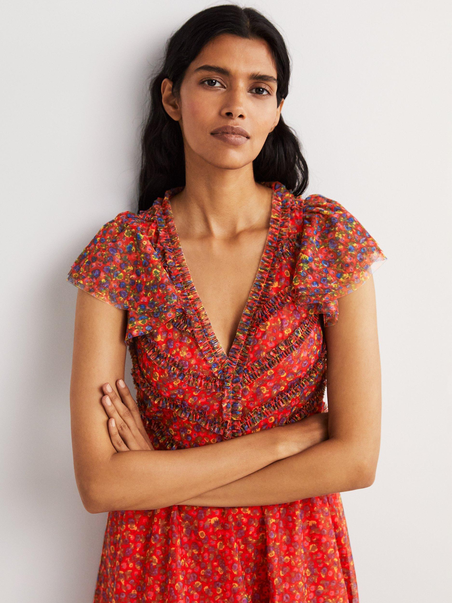 Boden Floral Print V Neck Tulle Maxi Dress Rocket Red