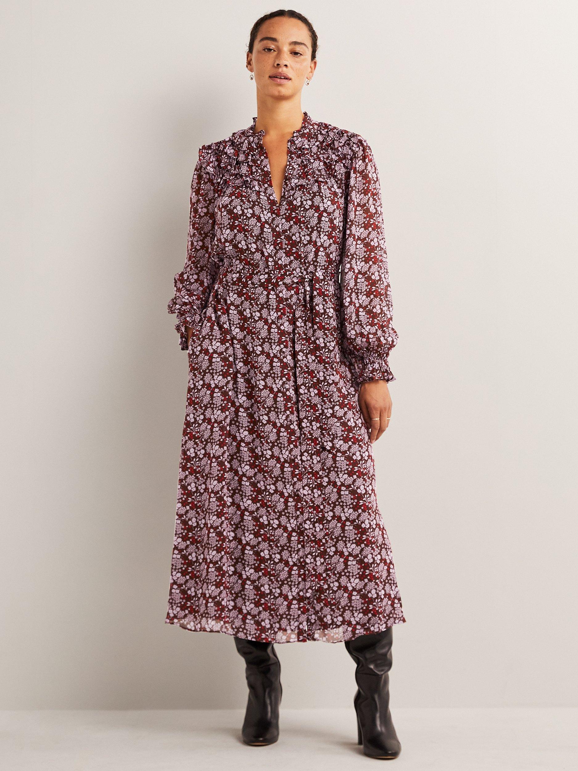Boden Ruffle Yoke Floral Midi Dress, Deep Mahogny, Garden