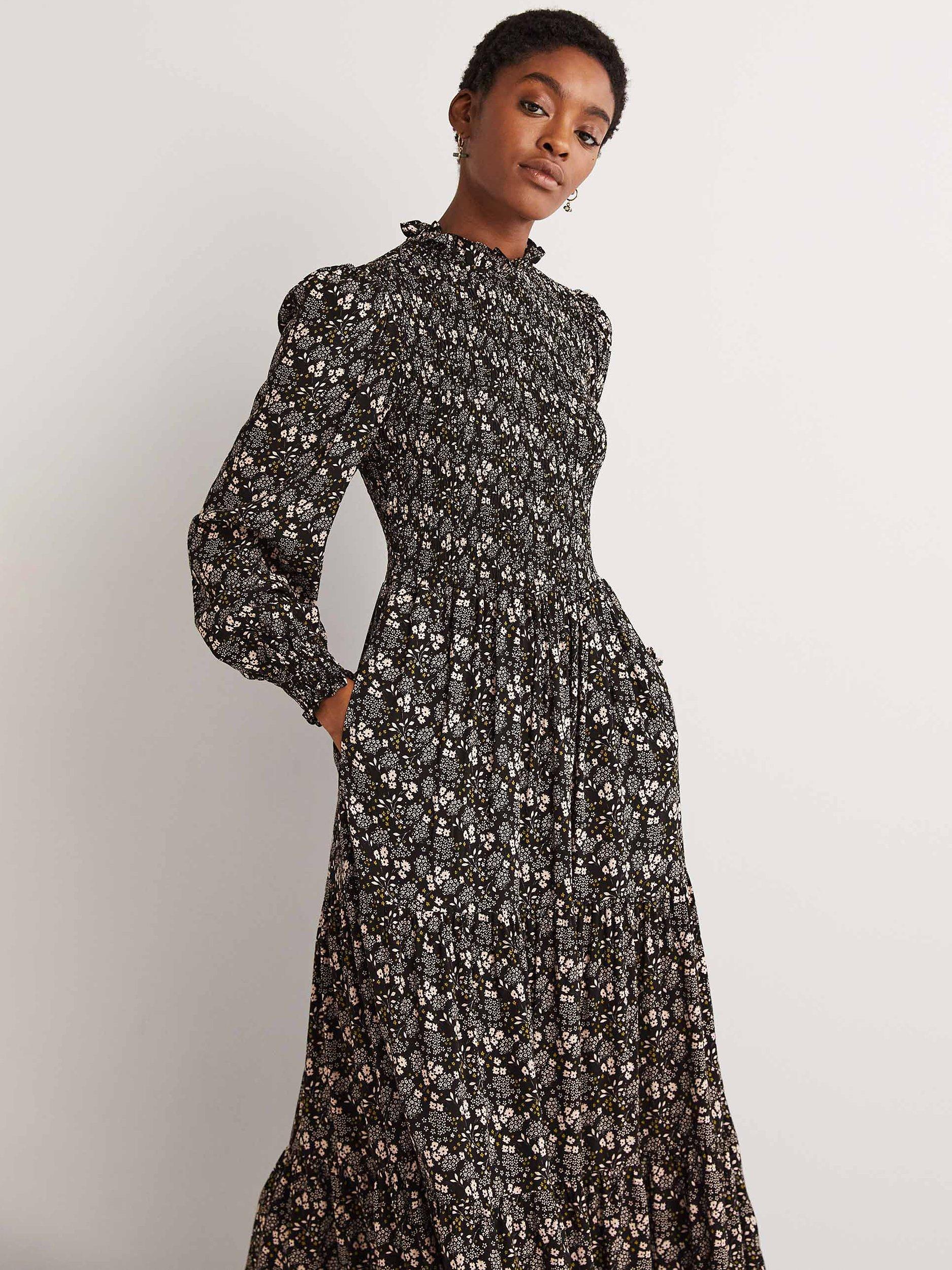 Boden Prairie Print Smocked Tiered Midi Dress, Black