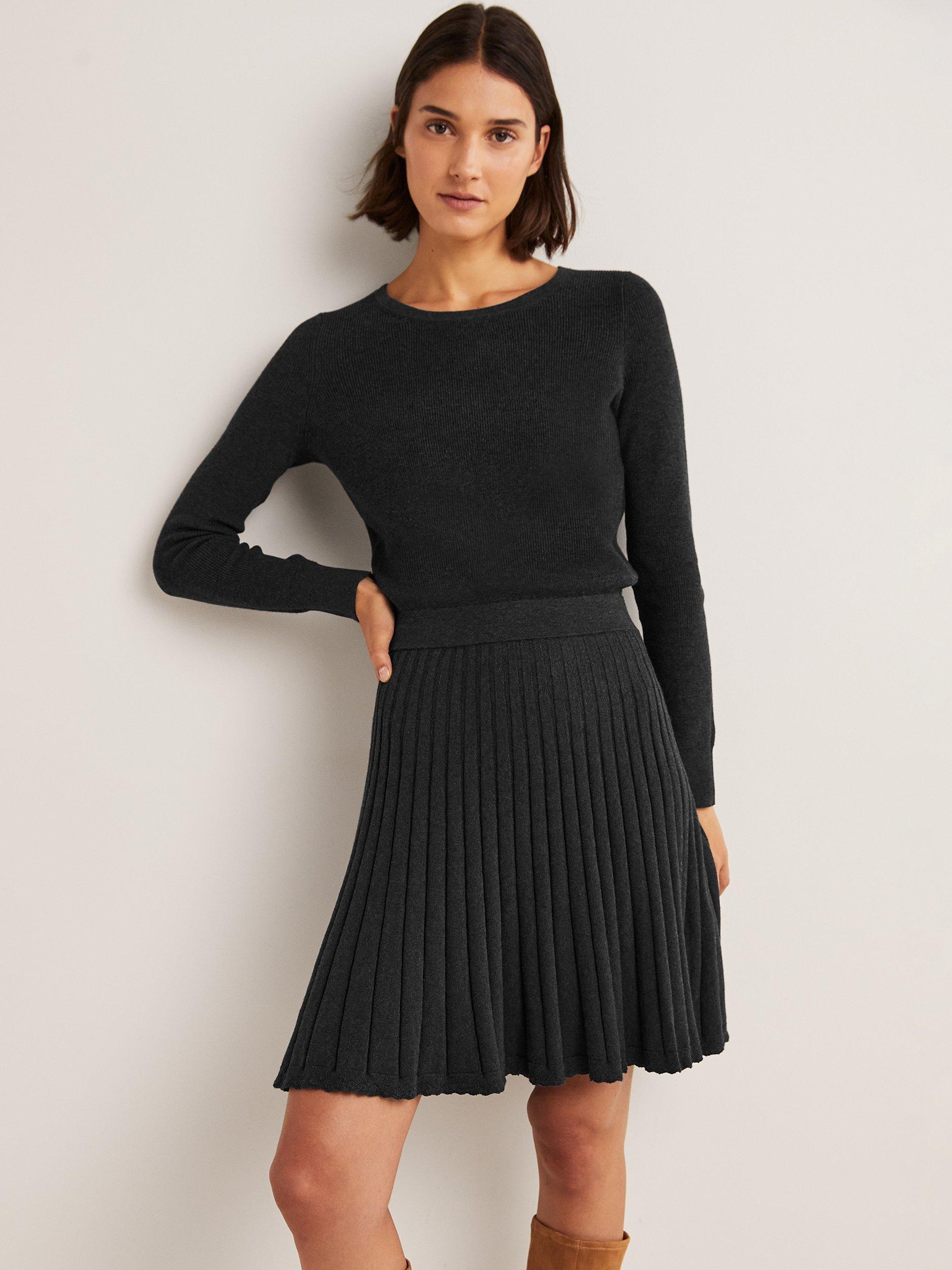 Boden Pleated Knit Mini Dress, Charcoal Melange, 16