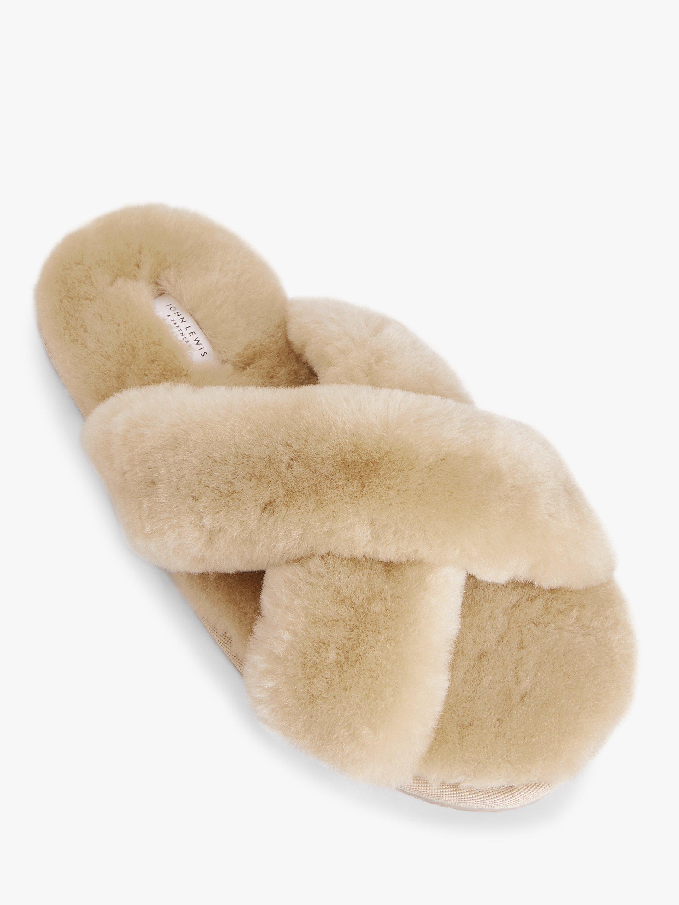 John Lewis Sheepskin Cross Strap Slider Slippers Camel