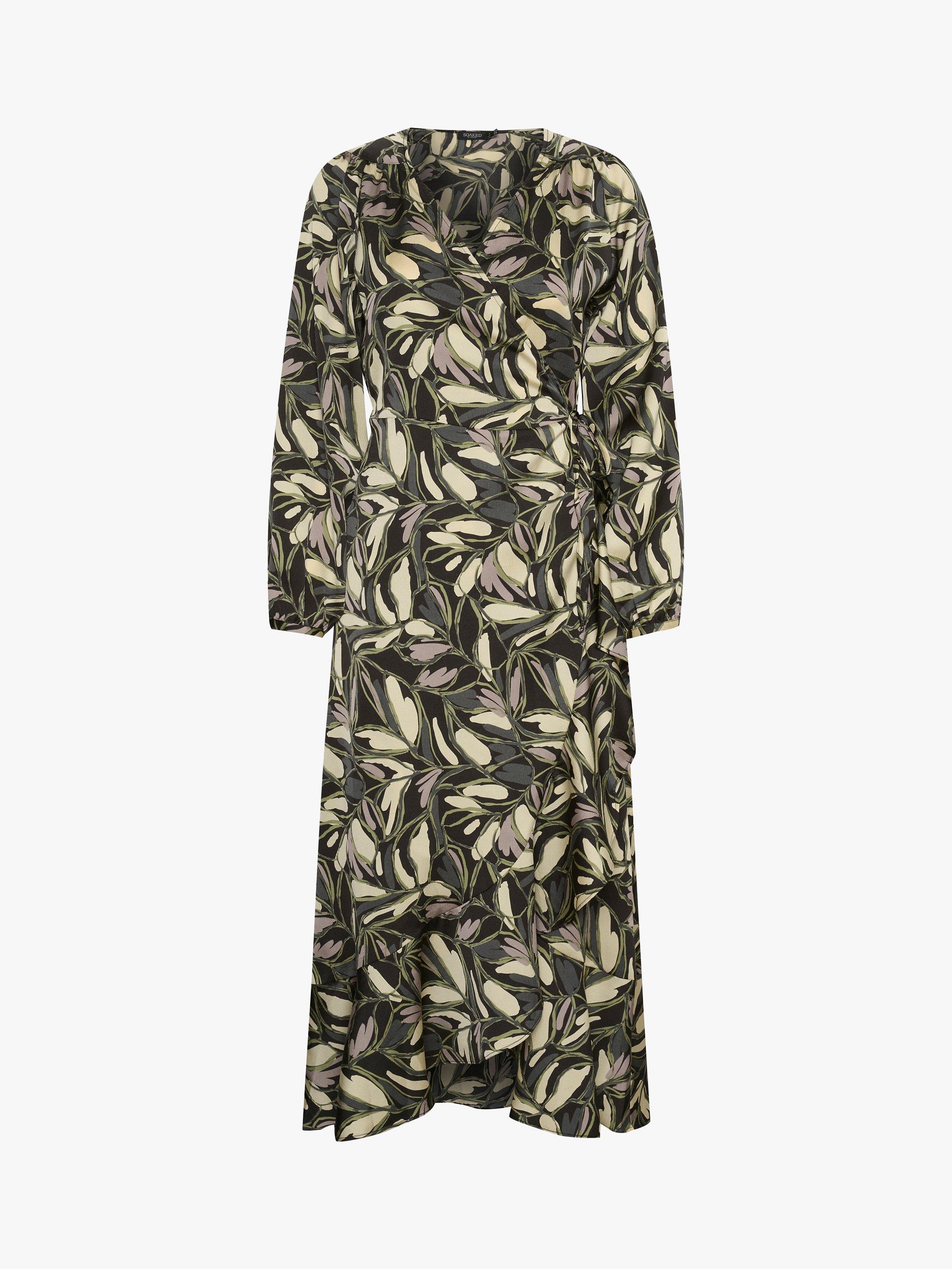 Product image 1 of 4, which shows Soaked In Luxury Karven Leaf Print Long Sleeve Midi Dress, Black/Multi, XS