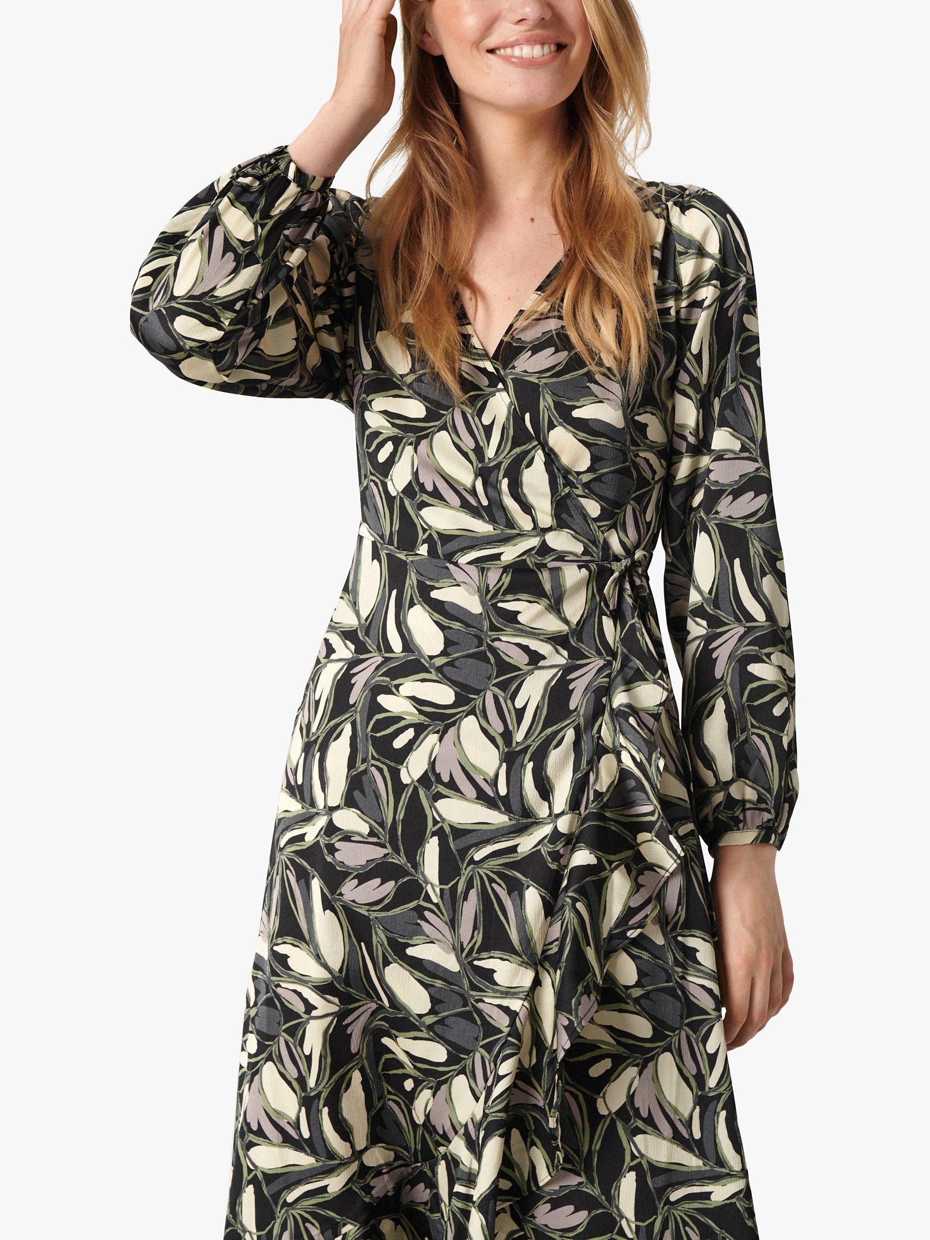 Product image 3 of 4, which shows Soaked In Luxury Karven Leaf Print Long Sleeve Midi Dress, Black/Multi, XS