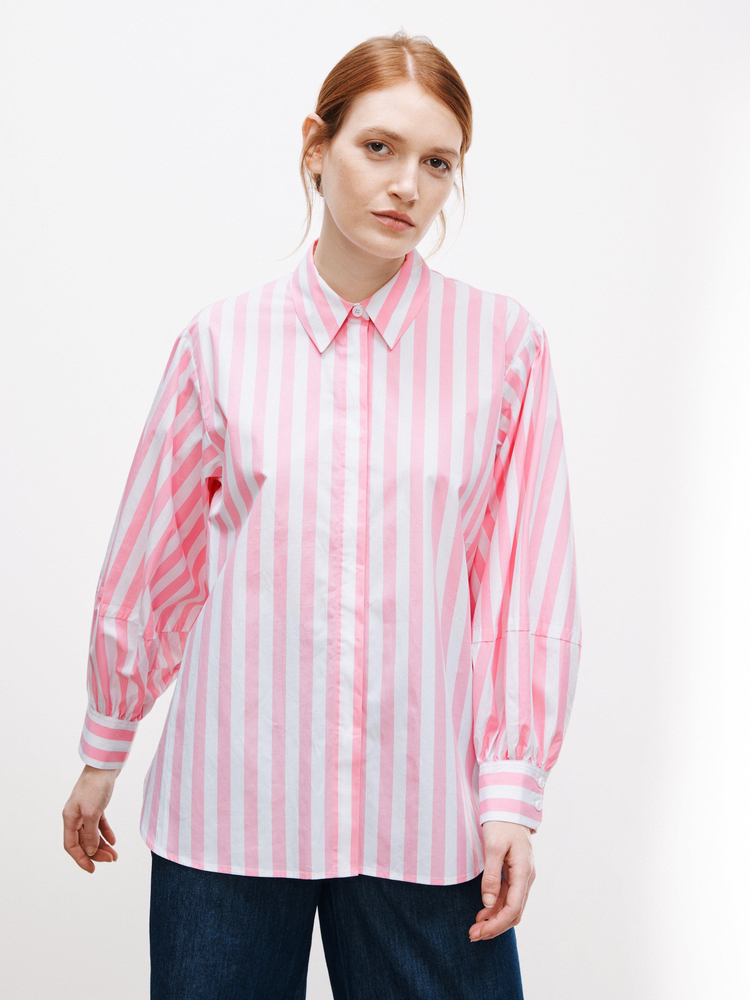 Kin Stripe Curved Hem Long Sleeve Shirt, Sea Pink
