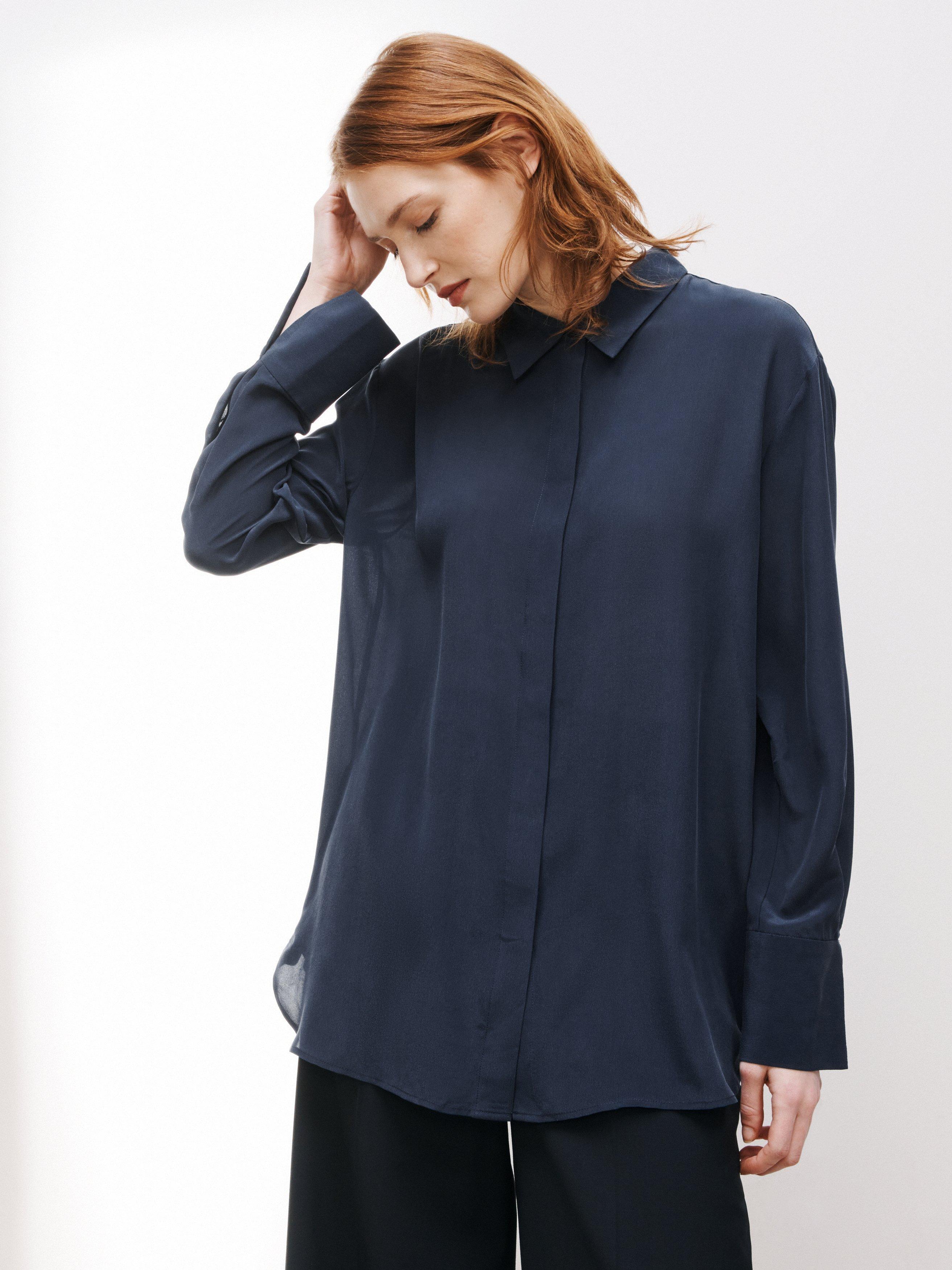 Kin Plain Oversized Long Sleeve Silk Shirt, Mood Indigo