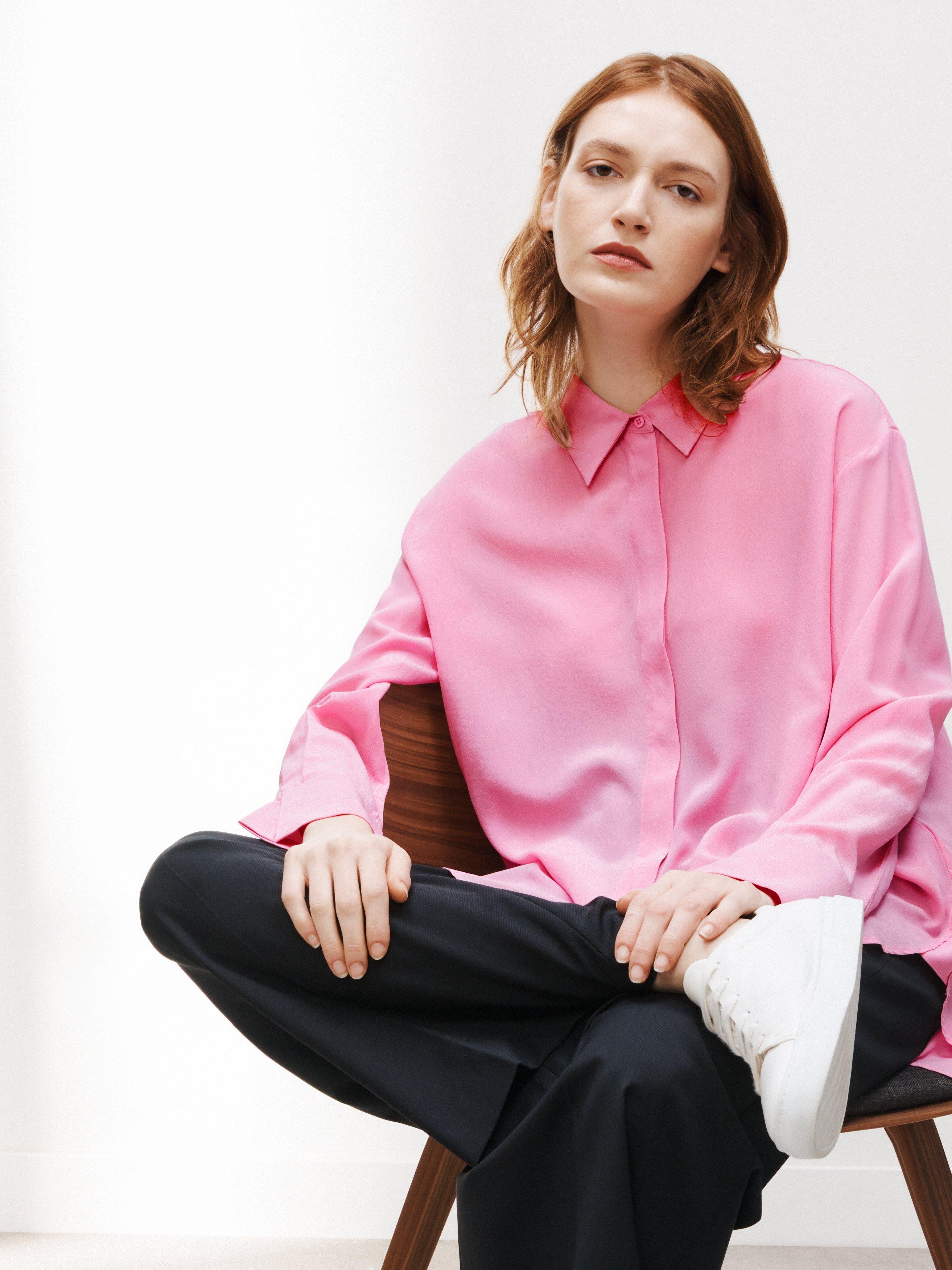 Kin Plain Oversized Long Sleeve Silk Shirt, Sea Pink