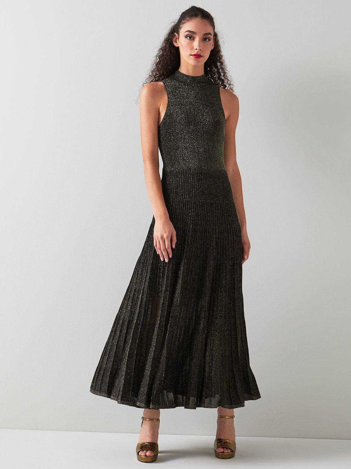 L.K.Bennett Scott Metallic Pleated Maxi Dress, Black/Gold