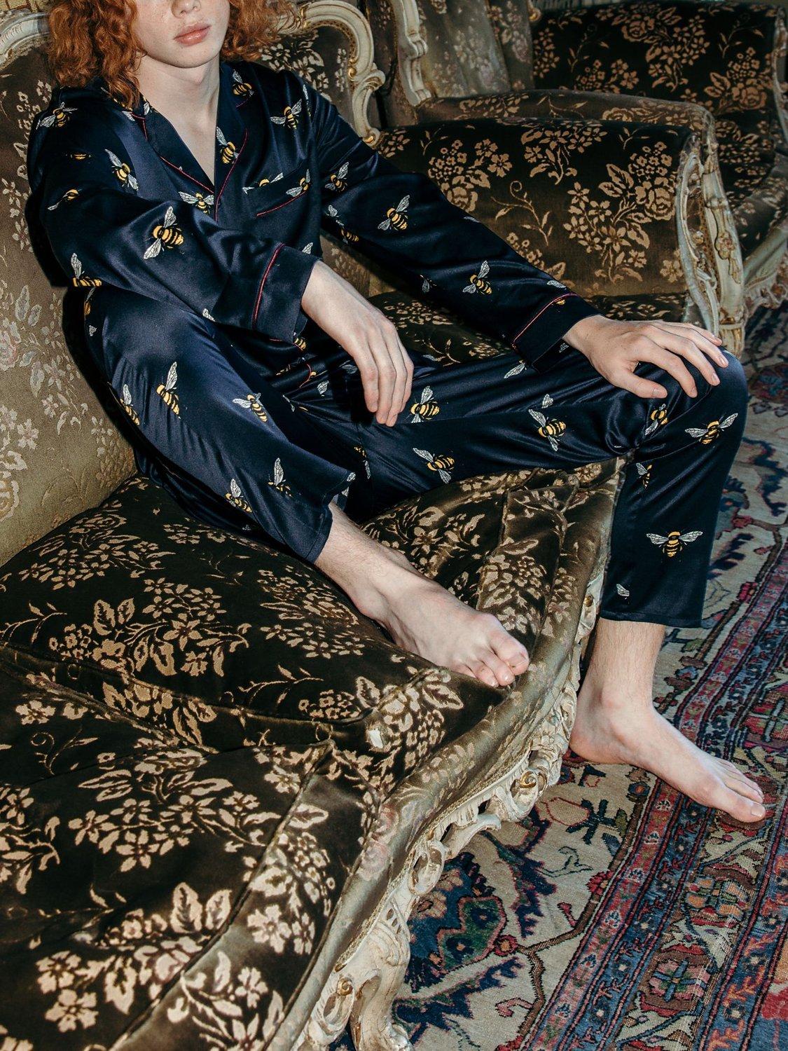 Chelsea Peers Bee Satin Long Sleeve Shirt Pyjama Set Navy