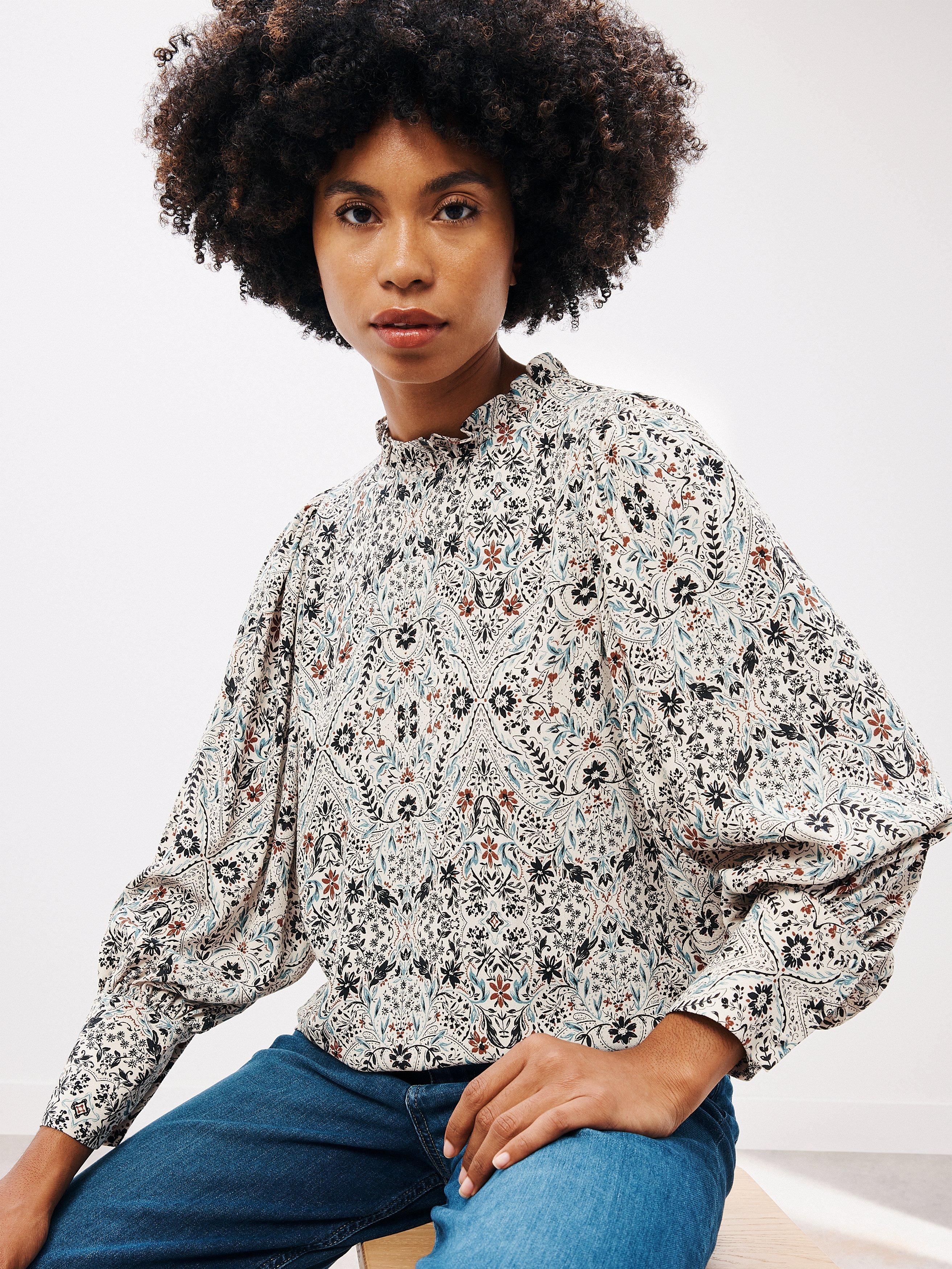 AND/OR Anya Paisley Ruffle Neck Blouse, Multi