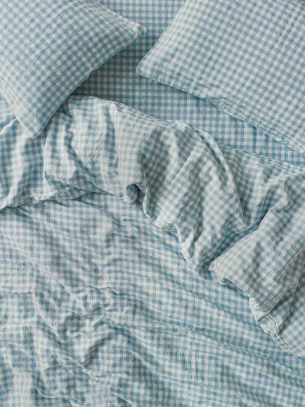 Piglet in Bed Gingham Linen Bedding, Warm Blue