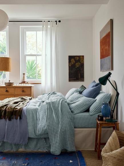 Piglet in Bed Gingham Linen Bedding - view 2, Warm Blue