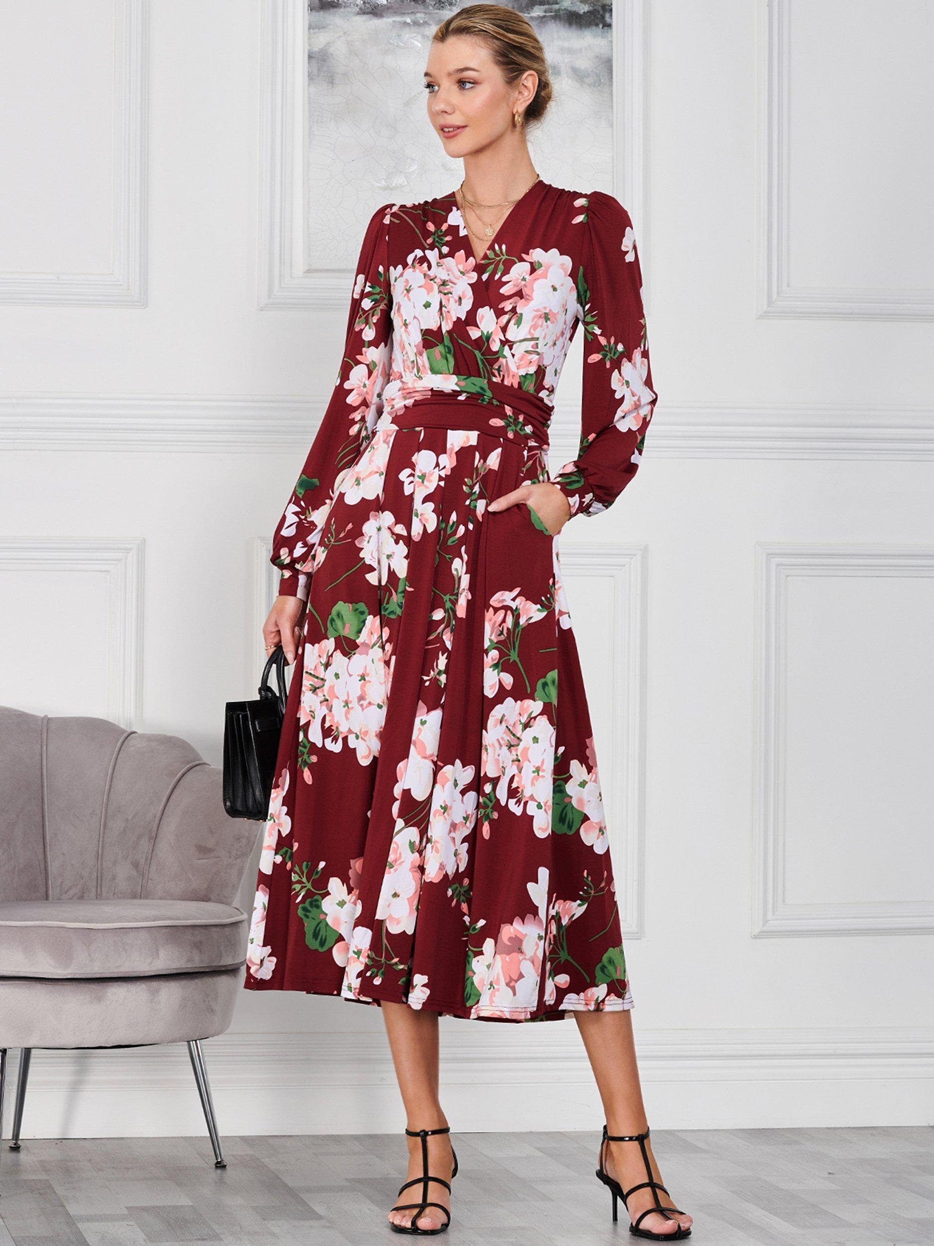 Jolie Moi Kamille Long Sleeve Maxi Floral Dress Dark Red Multi