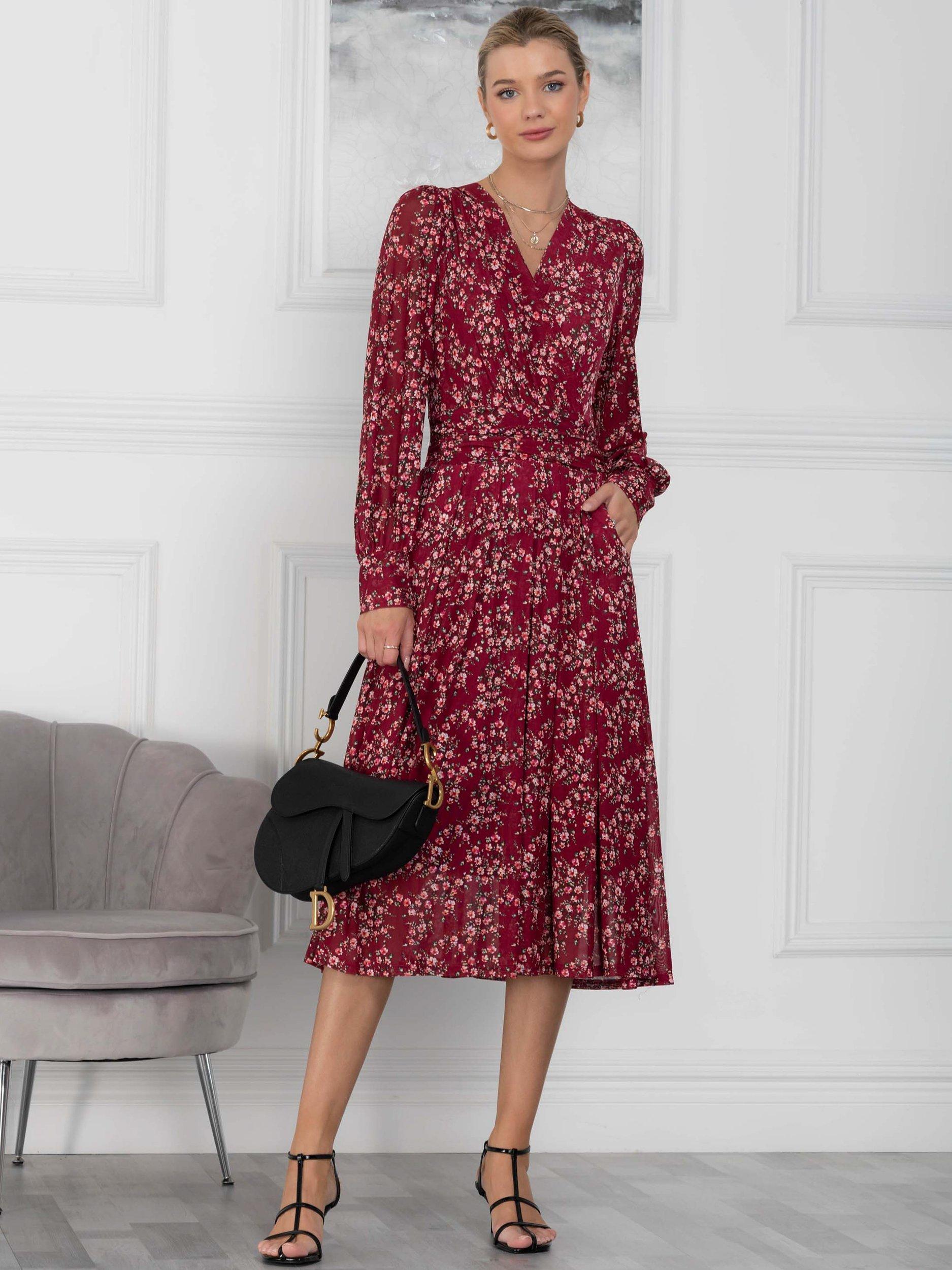 Jolie Moi Vanessa Floral Print Wrap Front Midi Dress, Burgundy/Multi