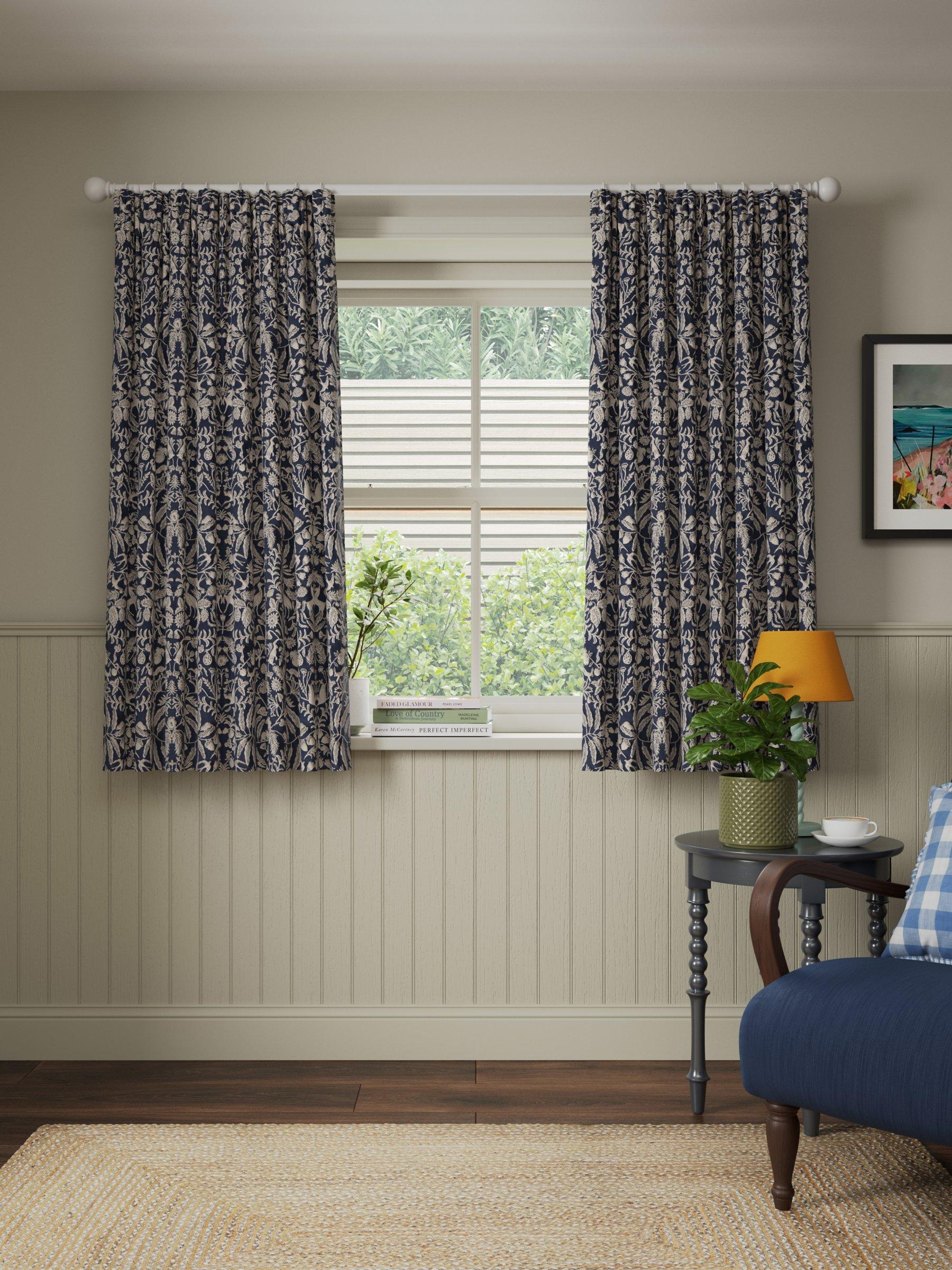 John Lewis Woodland Fable Weave Pair Lined Pencil Pleat Curtains, Navy