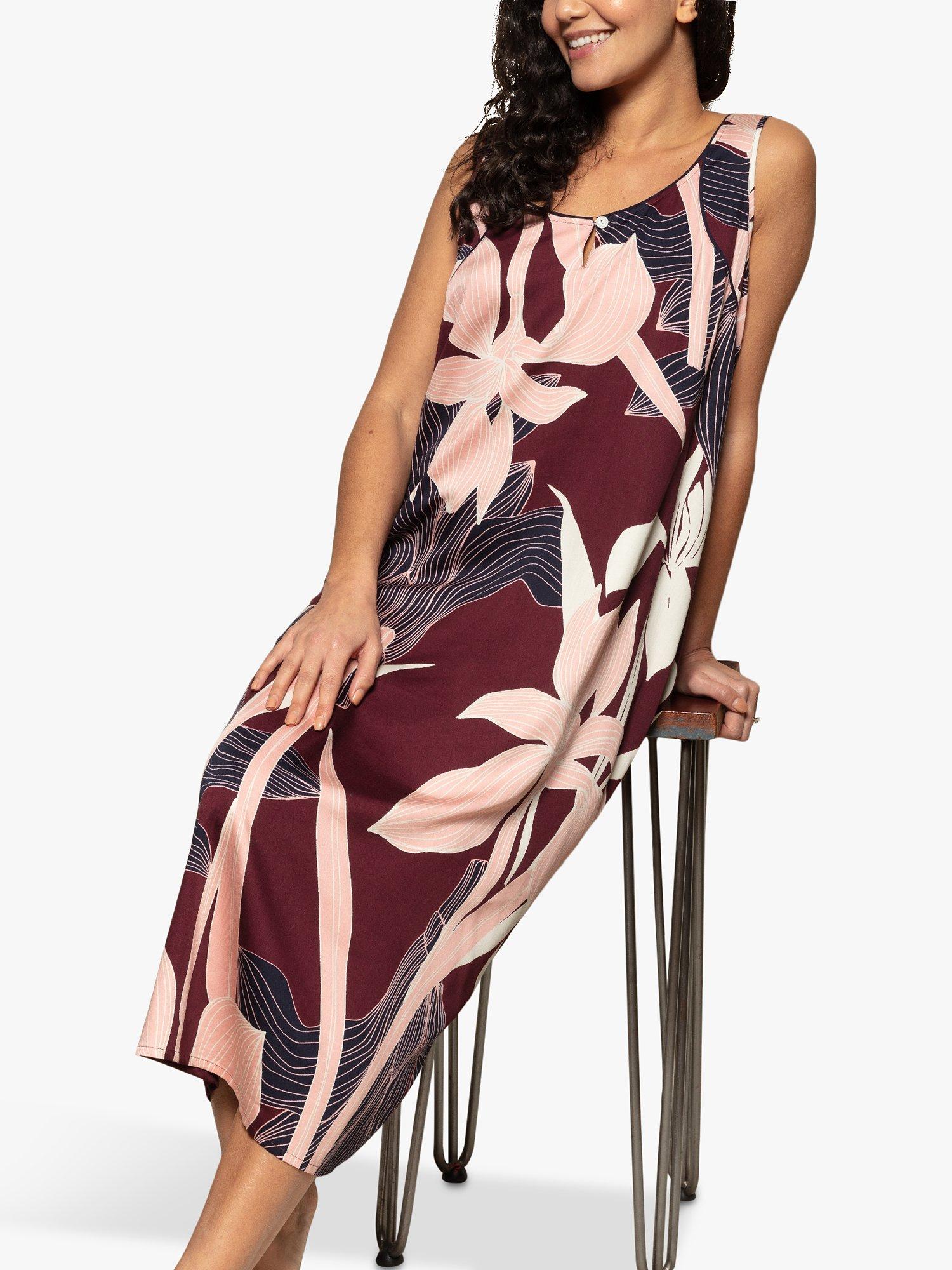 Product image 1 of 3, which shows Fable & Eve Piccadilly Floral Print Long Nightdress, Burgundy Mix, 8