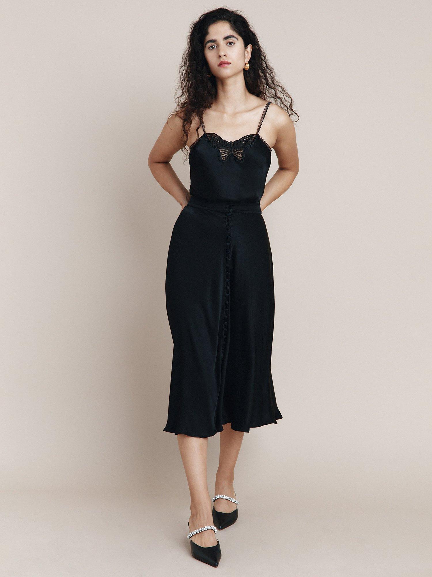 Ghost Eva Satin Midi Button Skirt, Black