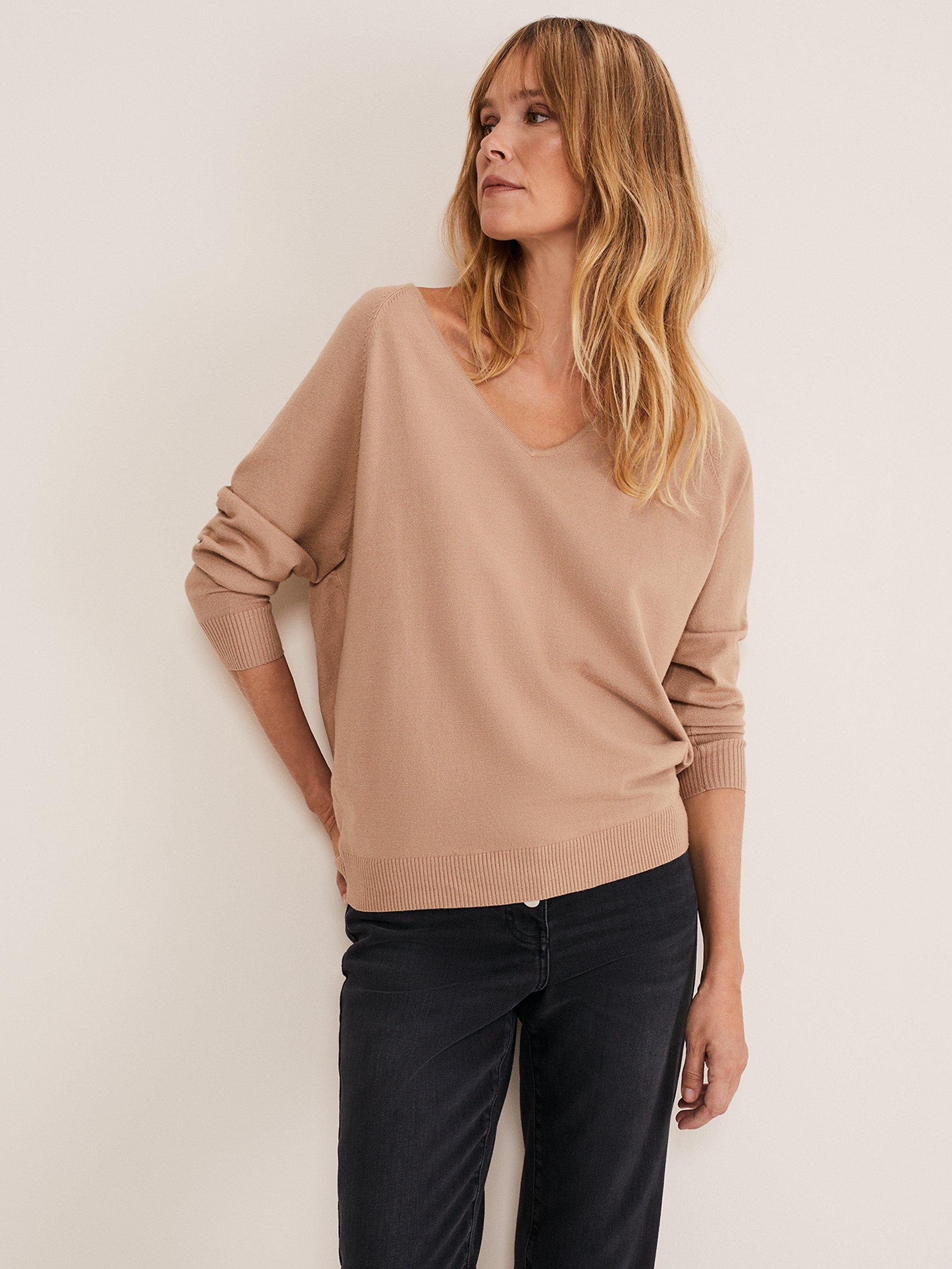 Phase Eight Senita Fine Knit V Neck Jumper Camel