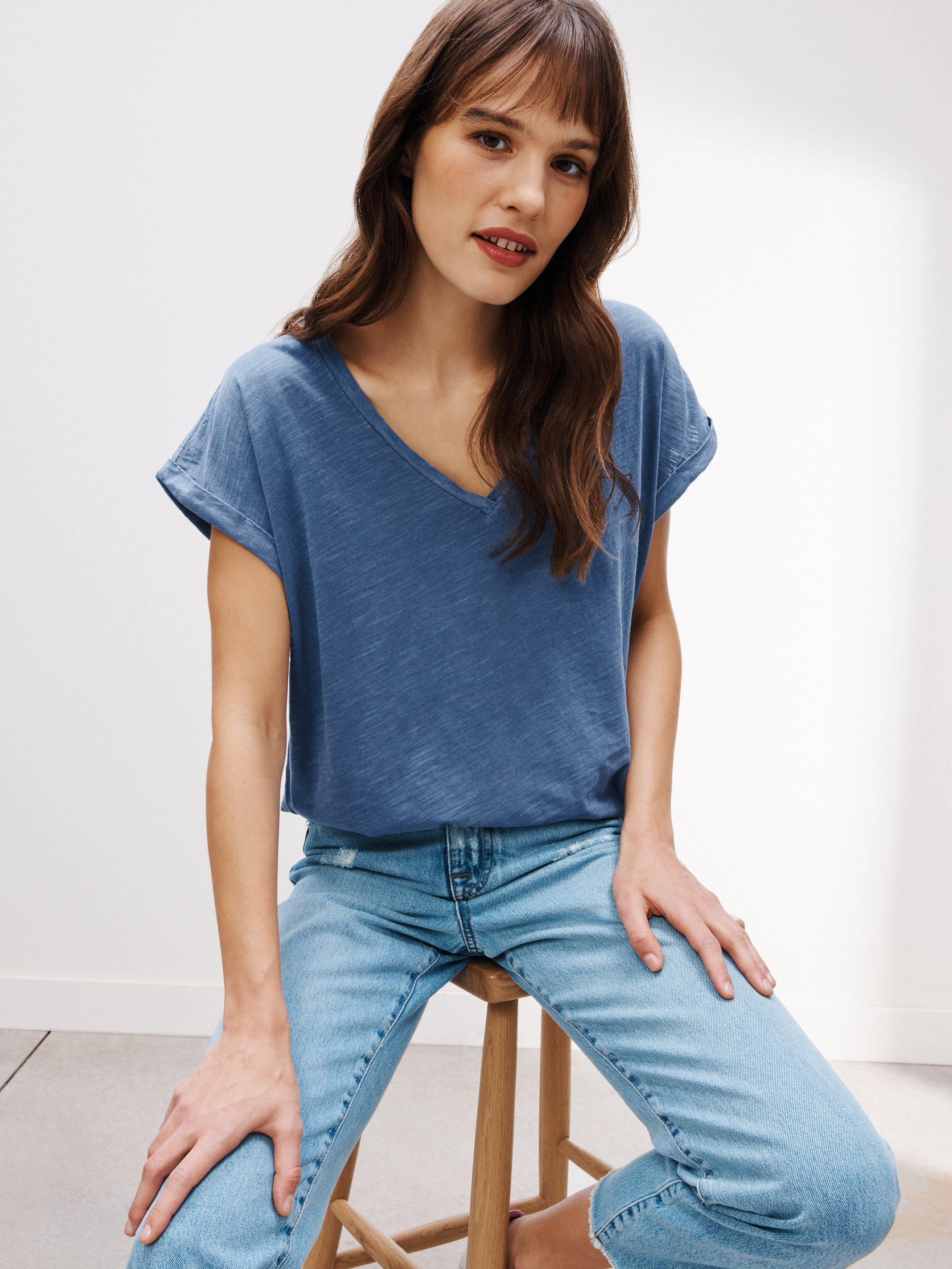 AND/OR Plain V-Neck Cotton Tank T-Shirt, Blue