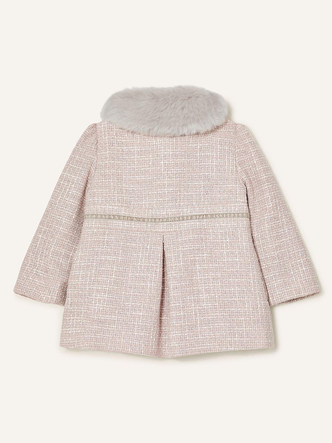 Product image 3 of 4, which shows Monsoon Baby Bow Tweed Coat, Grey, 3-4 years