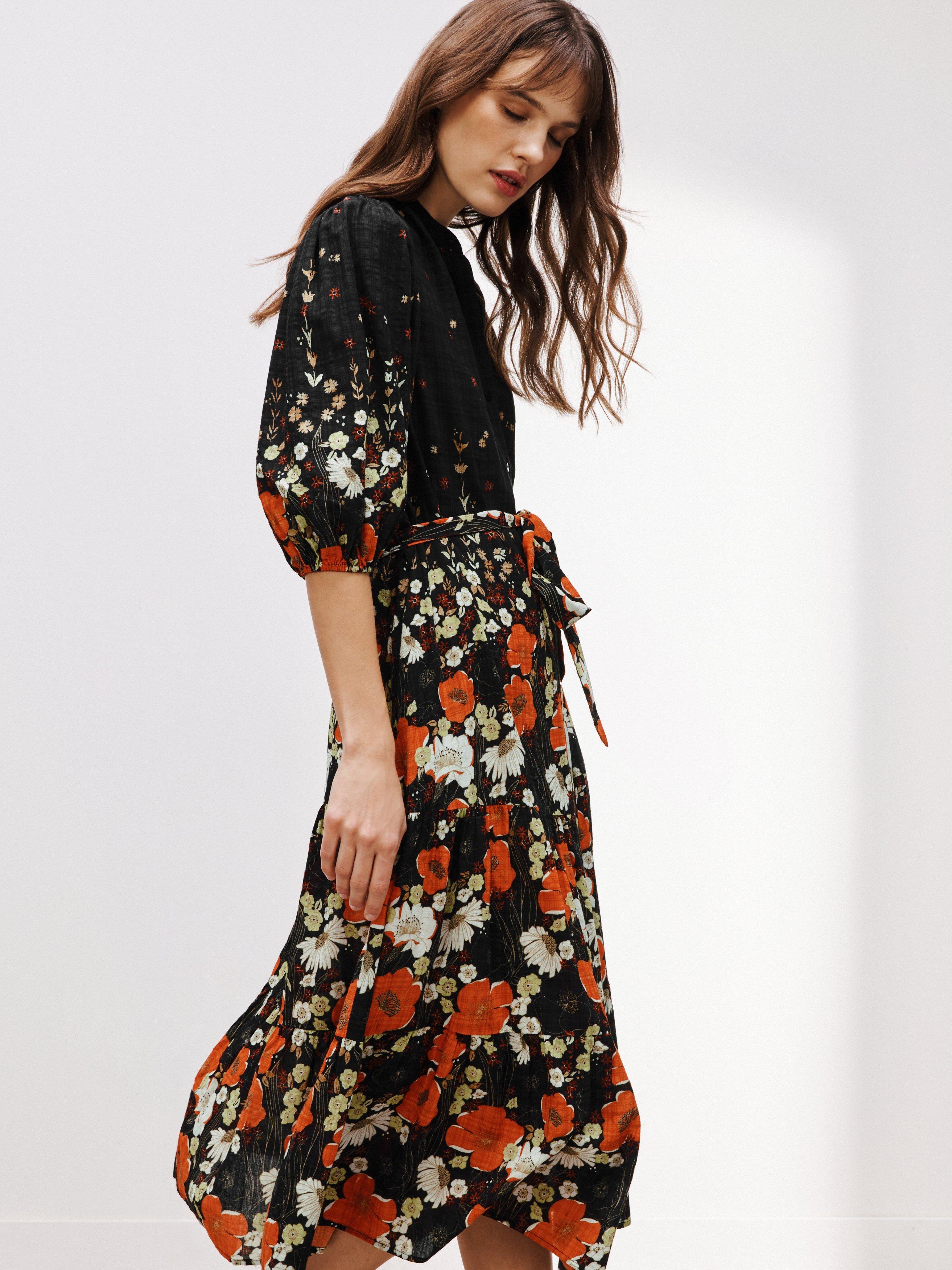 AND/OR Miriam Trailing Poppy Print Midi Dress, Black/Multi