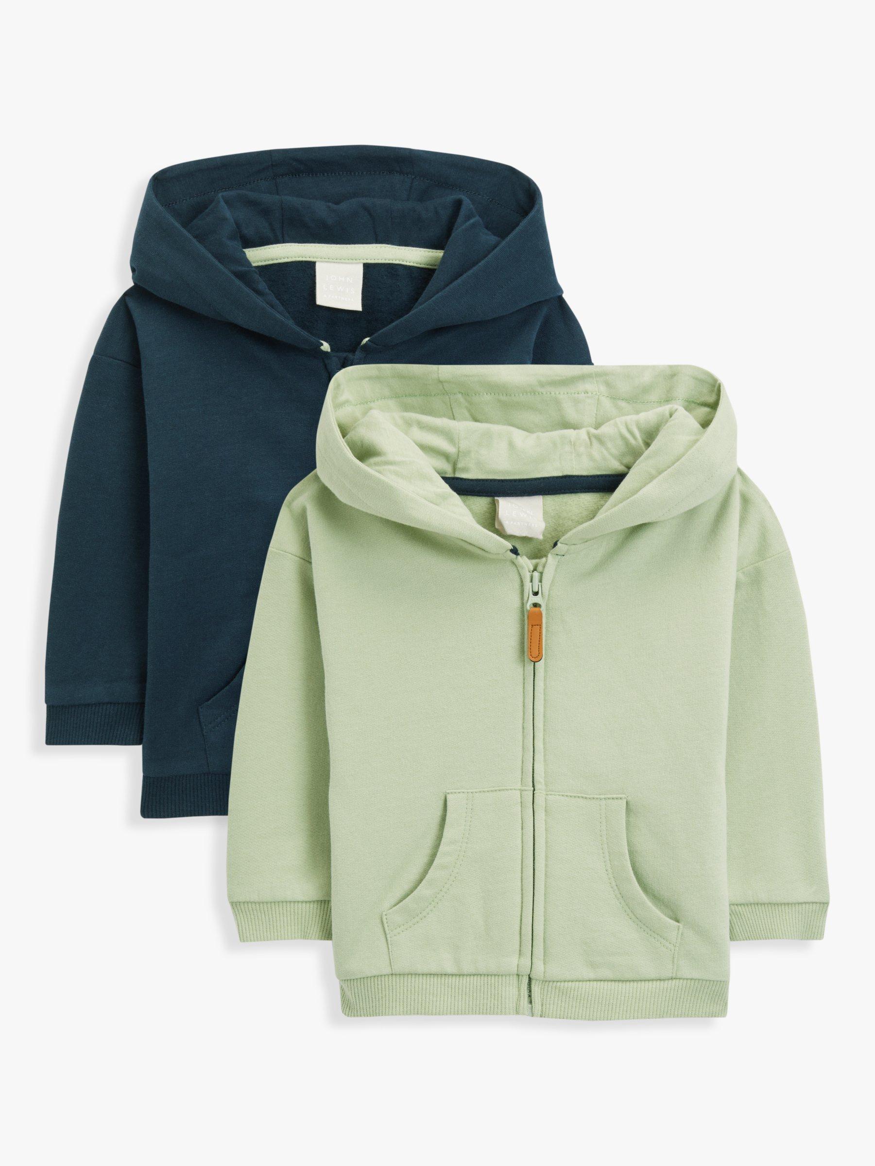 John Lewis Baby Plain Zip Up Hoodies, Pack of 2, Navy/Green
