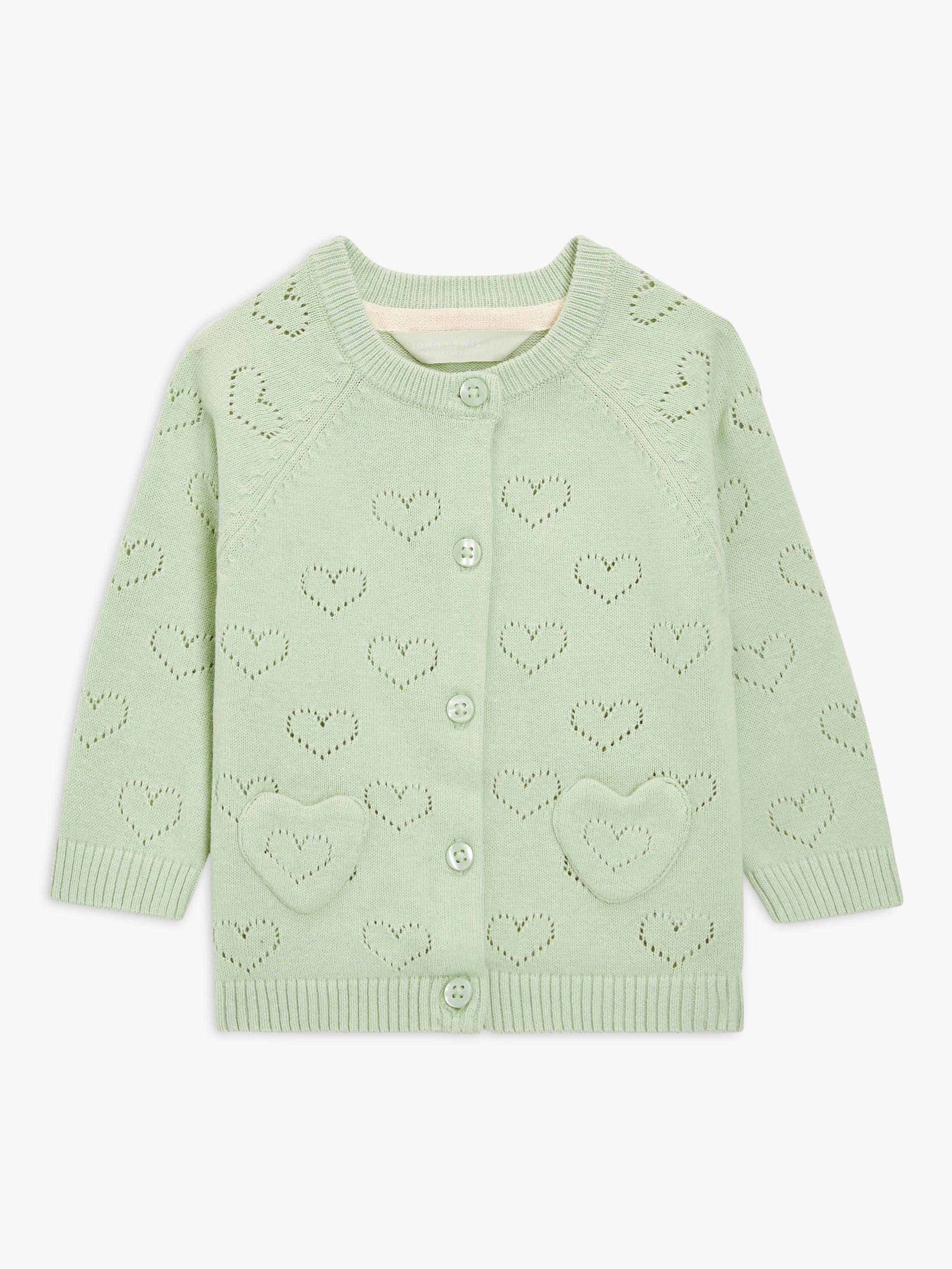 John Lewis Baby Heart Pointelle Cardigan, Green