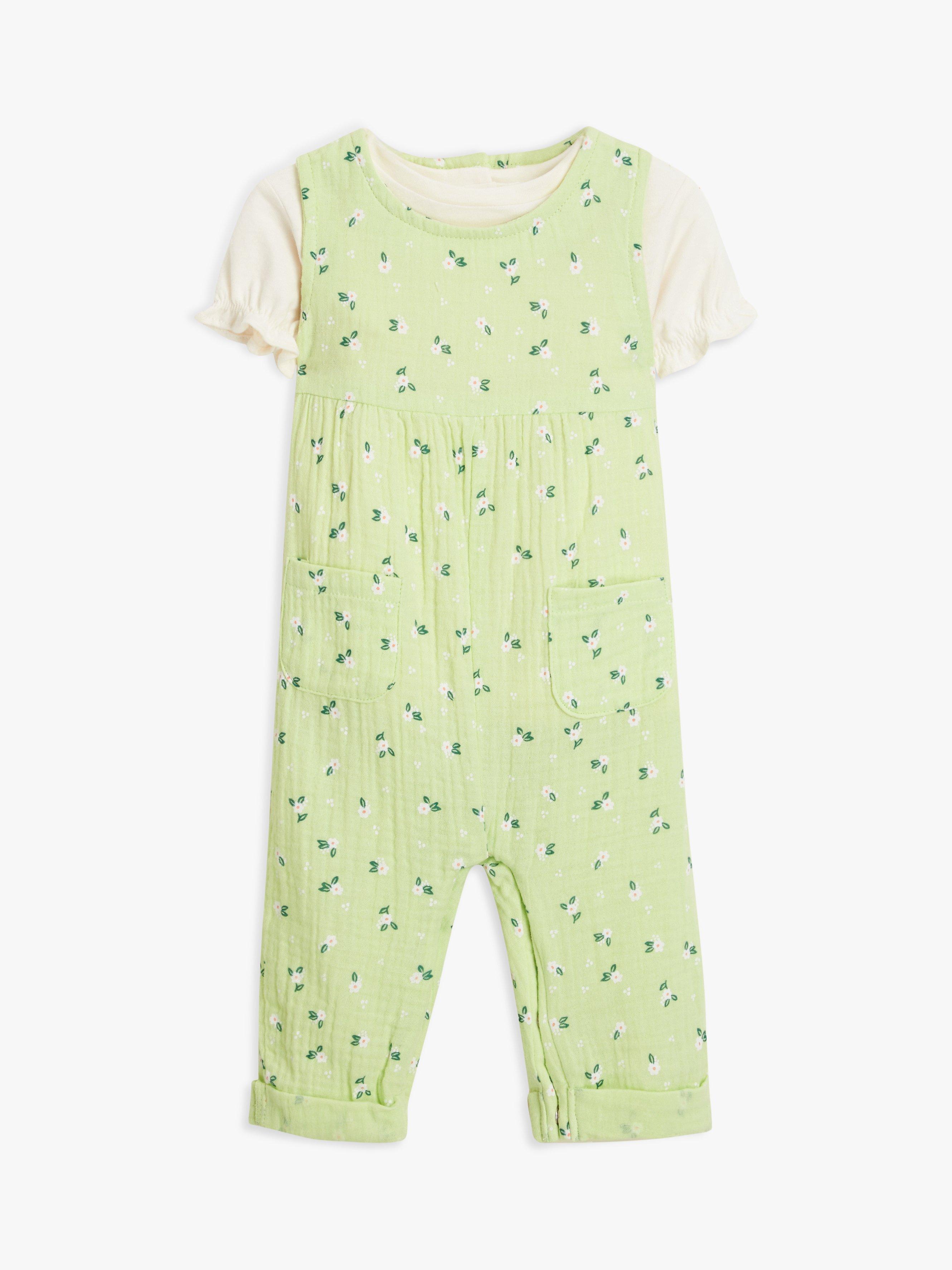 John Lewis Baby Muslin Floral Romper & Tee Set, Green/Cream