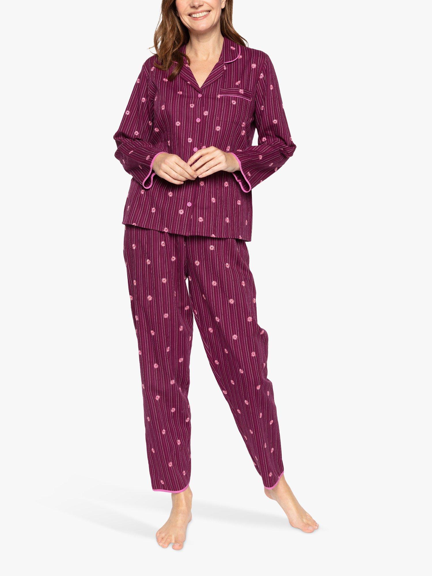 Product image 1 of 4, which shows Nora Rose by Cyberjammies Sara Stab Stitch Embroidered Long Pyjama Set, Magenta Mix, 8