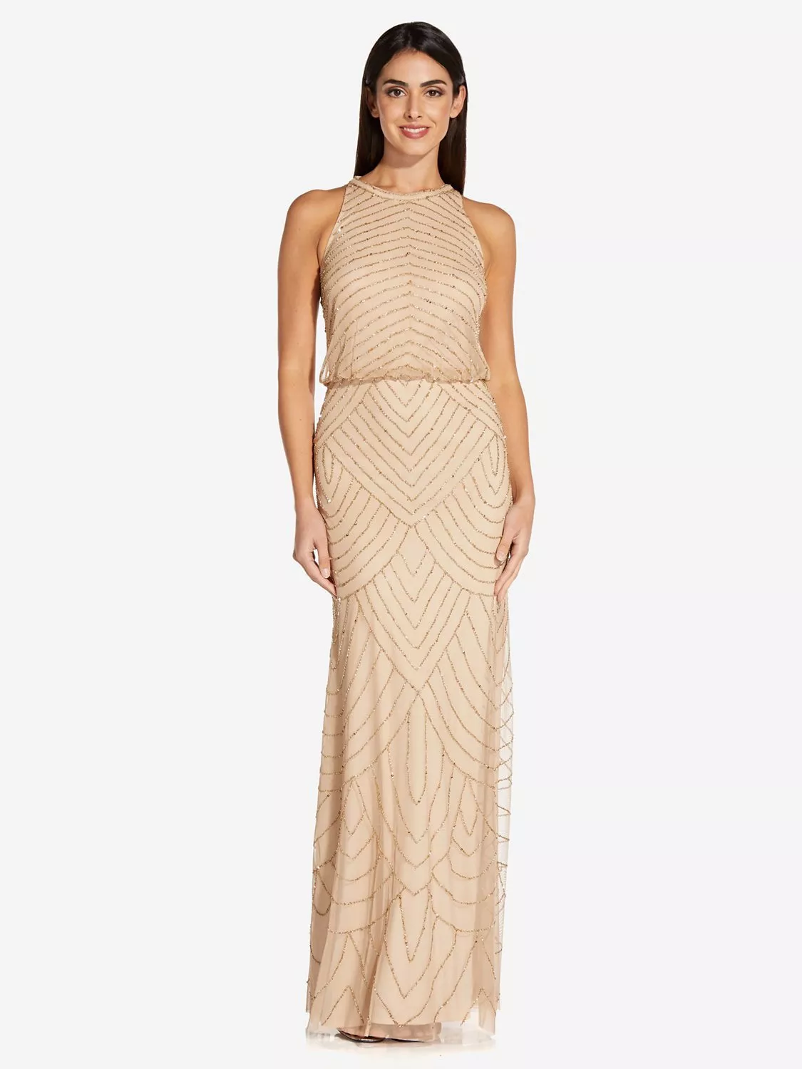 Adrianna Papell Beaded Halter Neck Evening Maxi Dress Champagne Gold