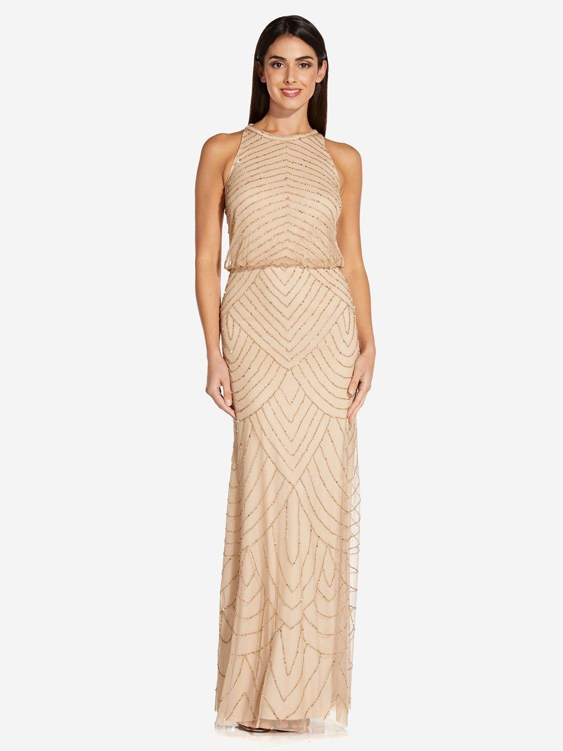 Adrianna Papell Beaded Halter Neck Evening Maxi Dress Champagne Gold