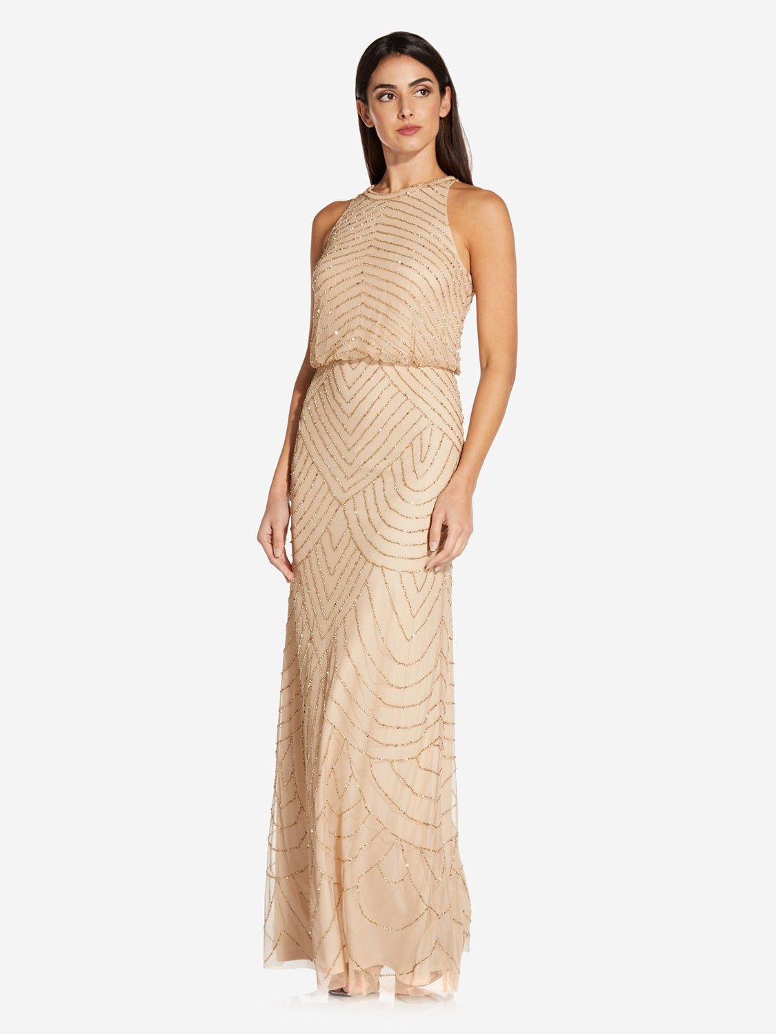 Product image 3 of 4, which shows Adrianna Papell Beaded Halter Neck Evening Maxi Dress, Champagne/Gold, 6