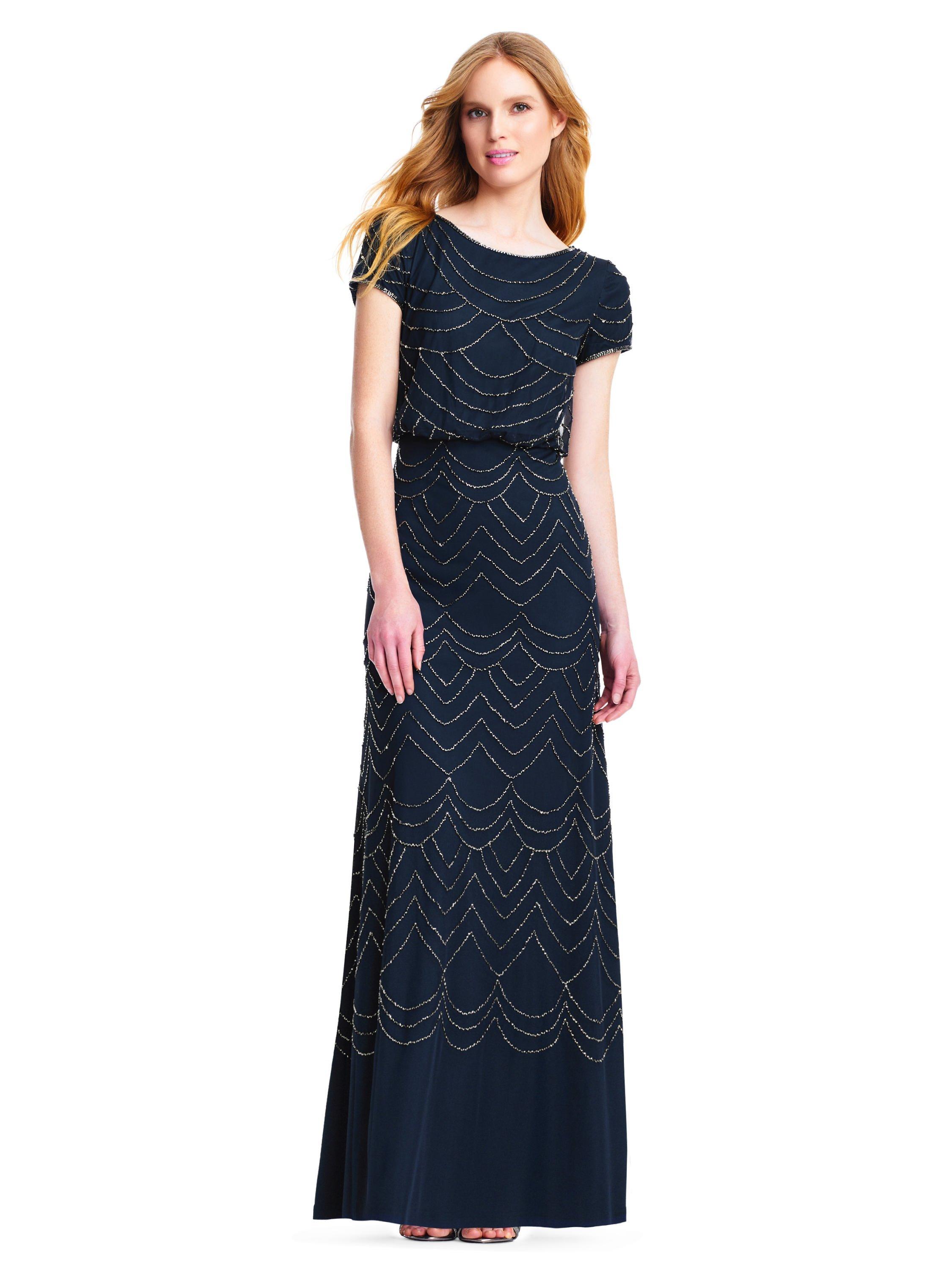 Product image 3 of 7, which shows Adrianna Papell Blouson Beaded Evening Maxi Dress, Navy, 6