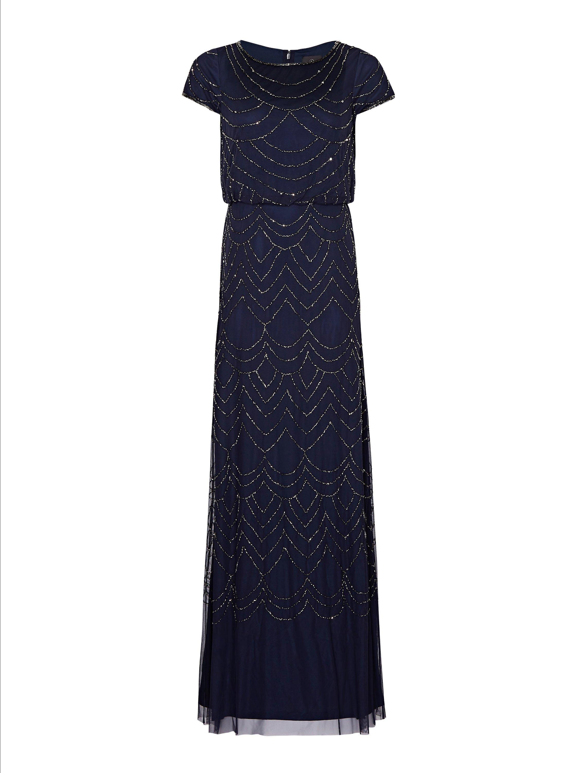 Product image 6 of 7, which shows Adrianna Papell Blouson Beaded Evening Maxi Dress, Navy, 6