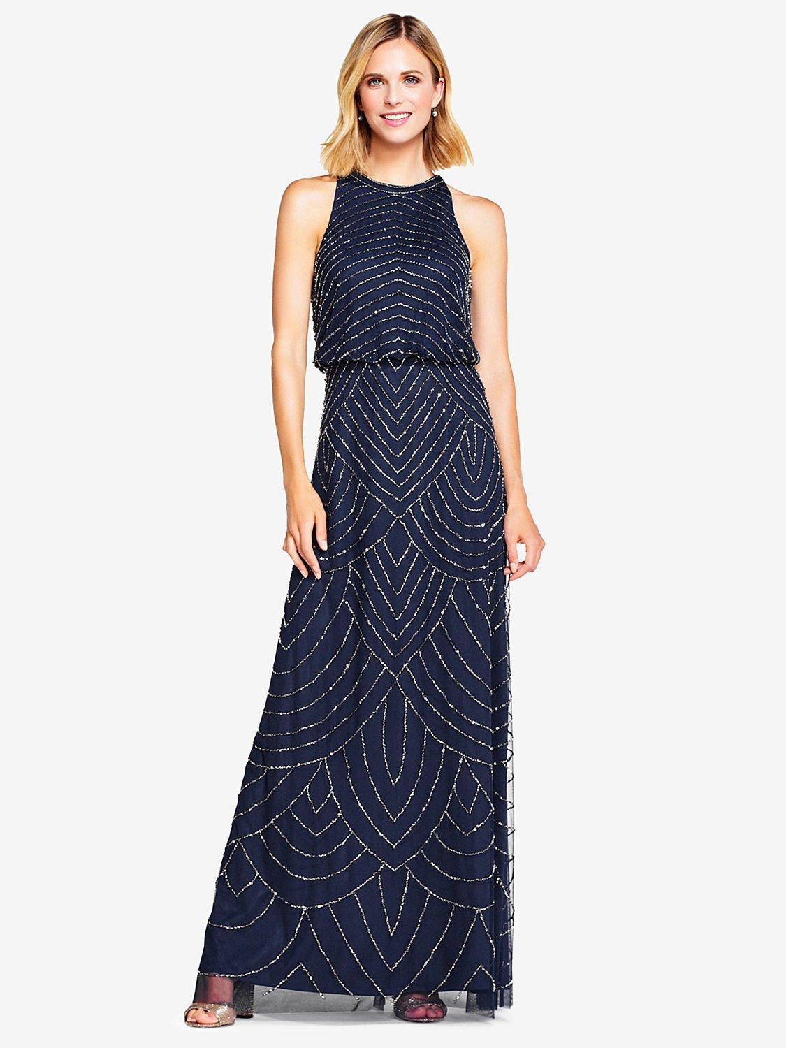 Adrianna Papell Beaded Halter Neck Evening Maxi Dress Navy