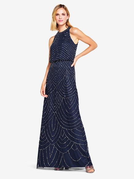 Adrianna Papell Beaded Halter Neck Evening Maxi Dress, Navy