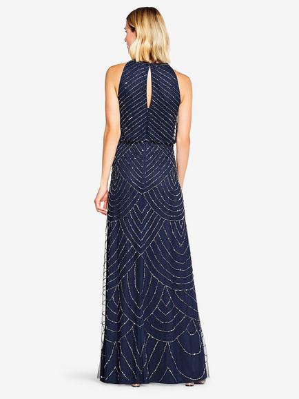 Adrianna Papell Beaded Halter Neck Evening Maxi Dress - view 2, Navy