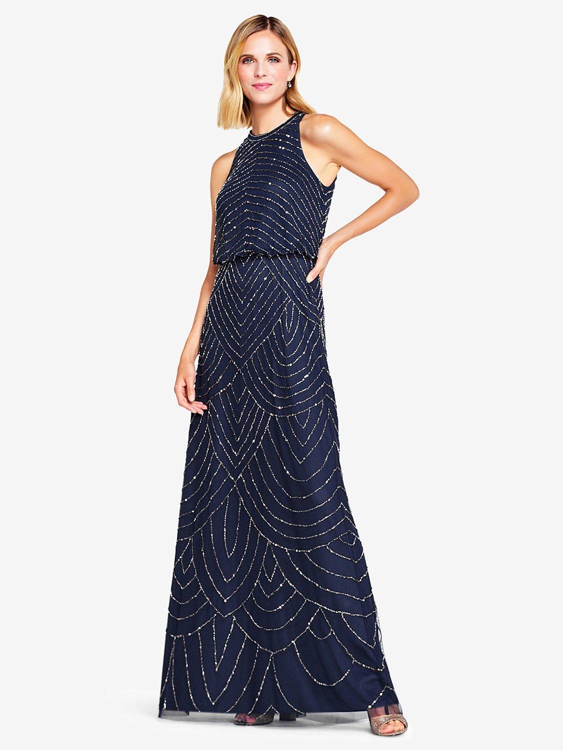 Product image 3 of 6, which shows Adrianna Papell Beaded Halter Neck Evening Maxi Dress, Navy, 6