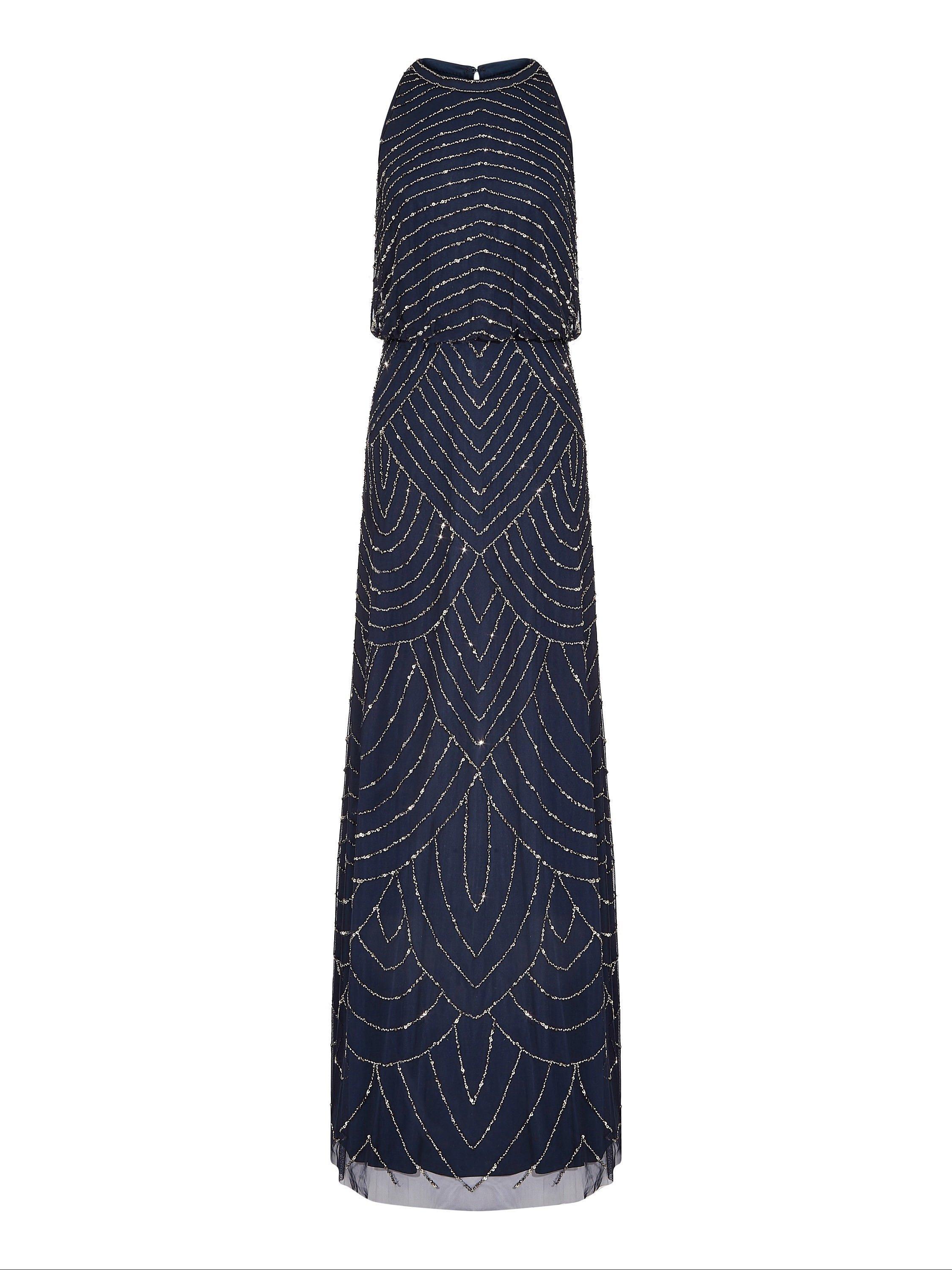 Product image 5 of 6, which shows Adrianna Papell Beaded Halter Neck Evening Maxi Dress, Navy, 6