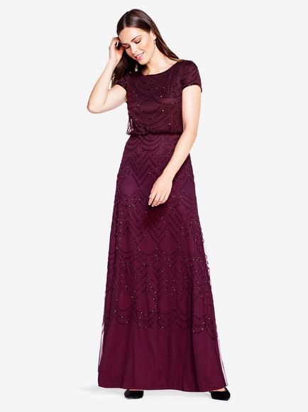 Adrianna Papell Blouson Beaded Evening Maxi Dress, Cassis