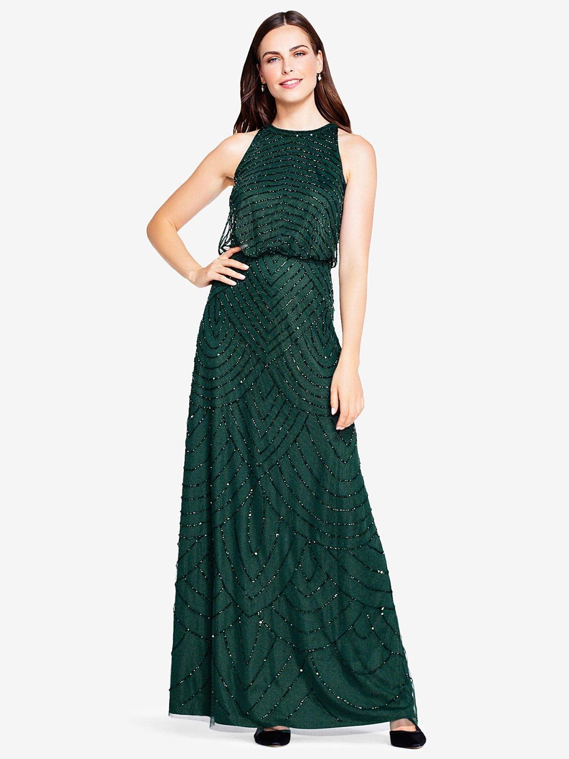 Adrianna Papell Beaded Halter Neck Evening Maxi Dress Dusty Emerald