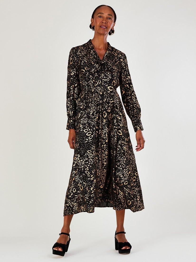 Monsoon Simba Foil Print Midi Shirt Dress, Black/Gold
