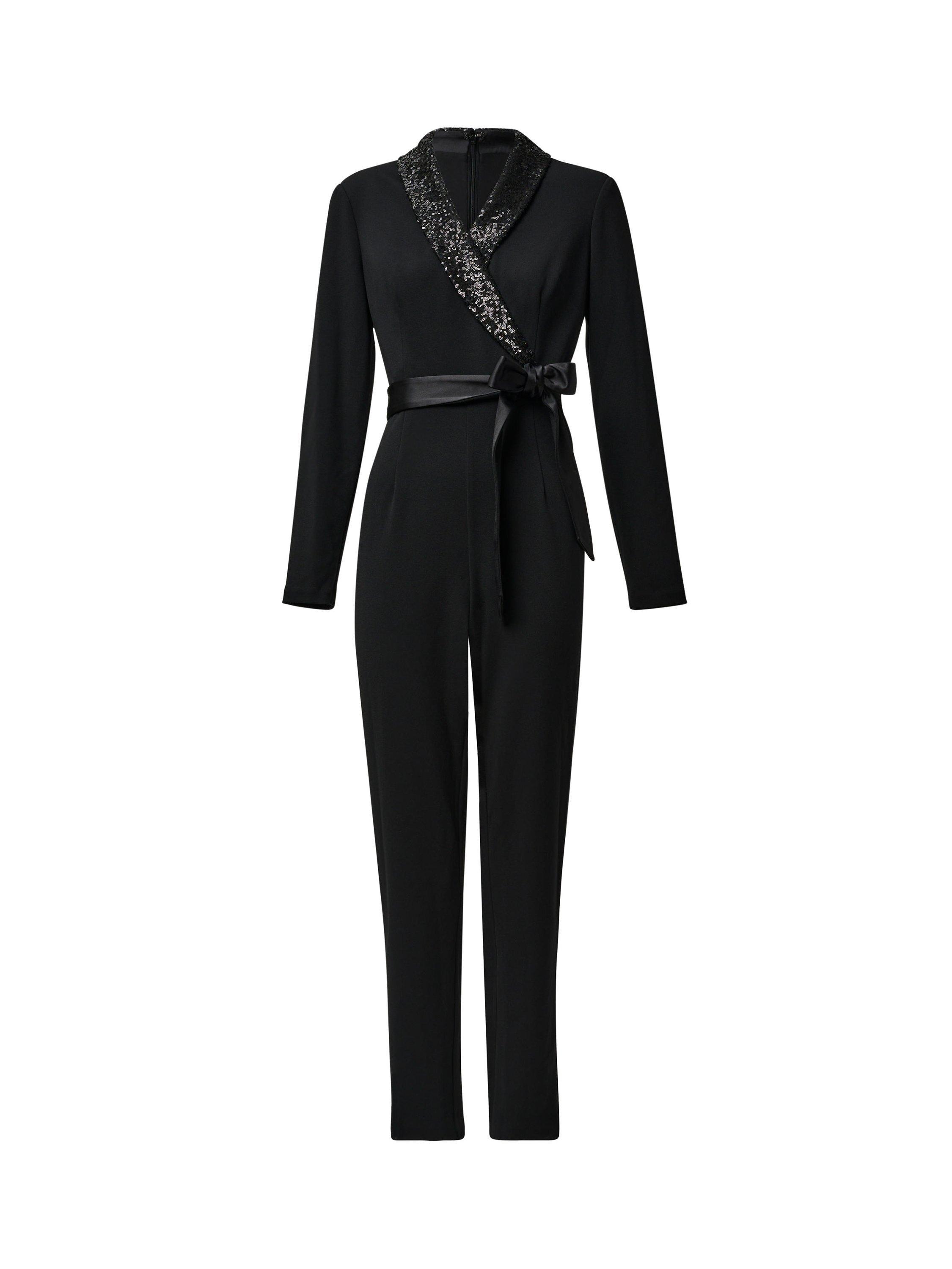 Product image 3 of 4, which shows Adrianna Papell Knit Crepe Tuxedo Jumpsuit, Black, 6