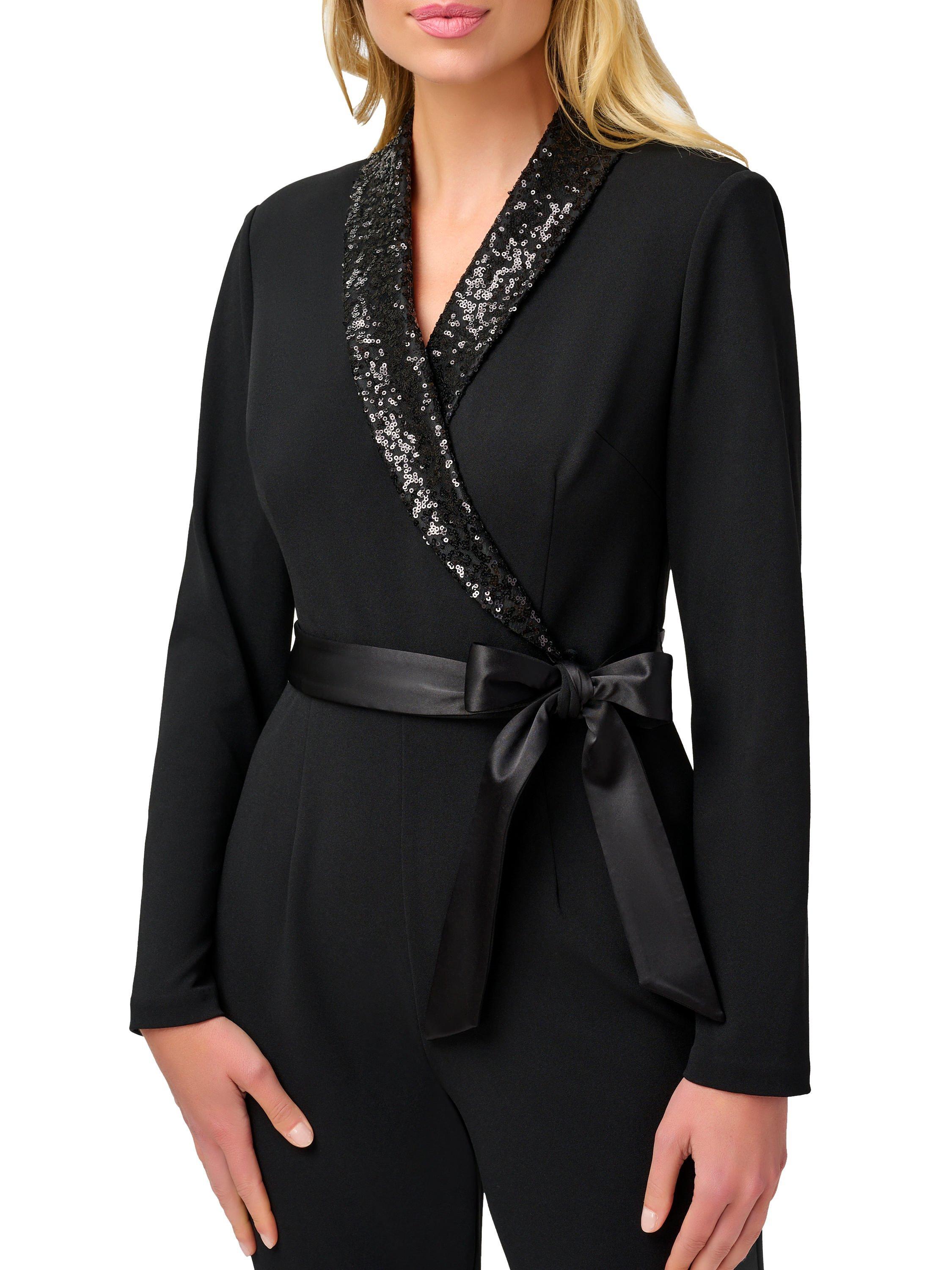 Product image 4 of 4, which shows Adrianna Papell Knit Crepe Tuxedo Jumpsuit, Black, 6