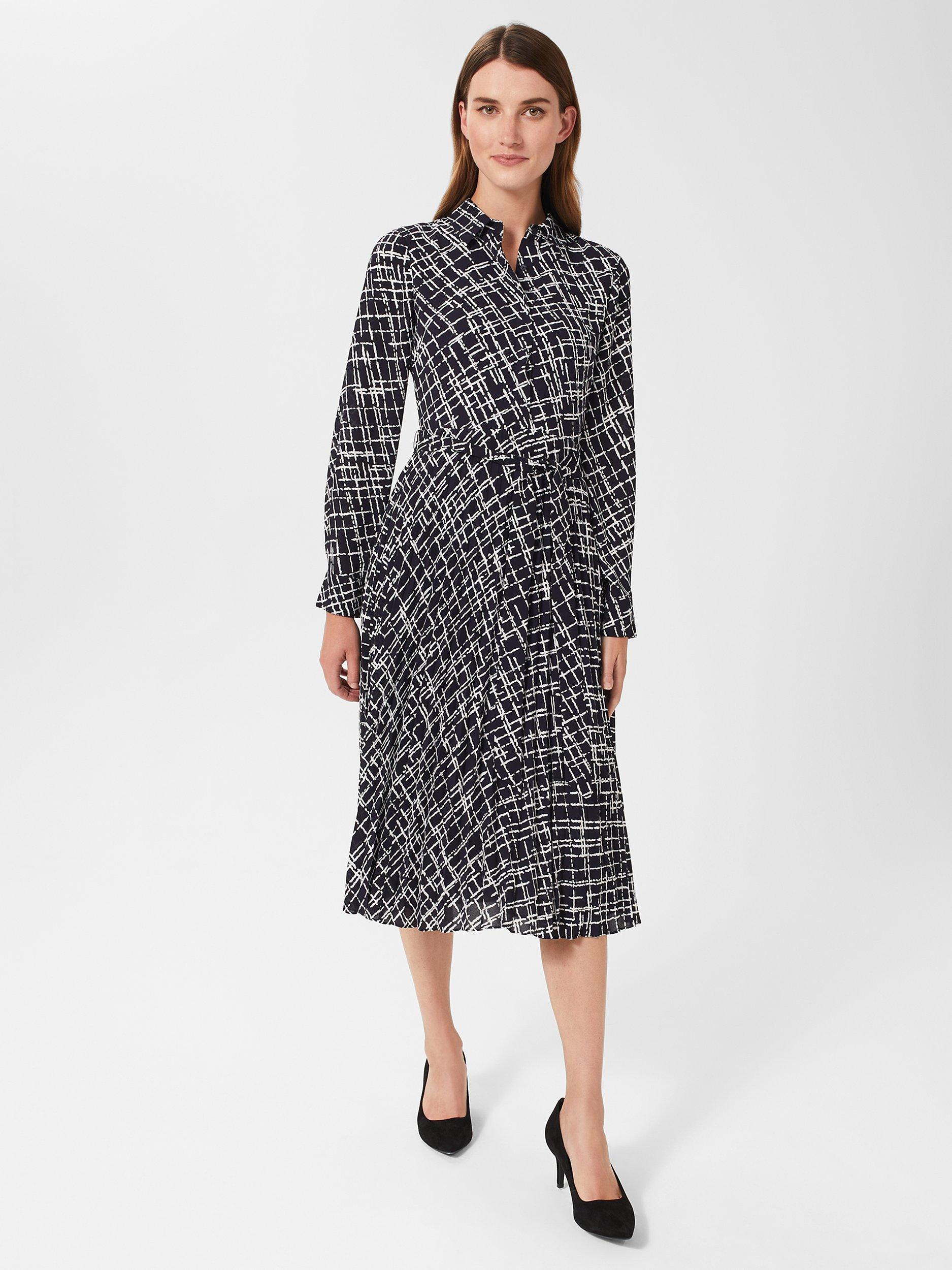 Hobbs Laurenza Sketch Check Print Midi Shirt Dress Navy Ivory