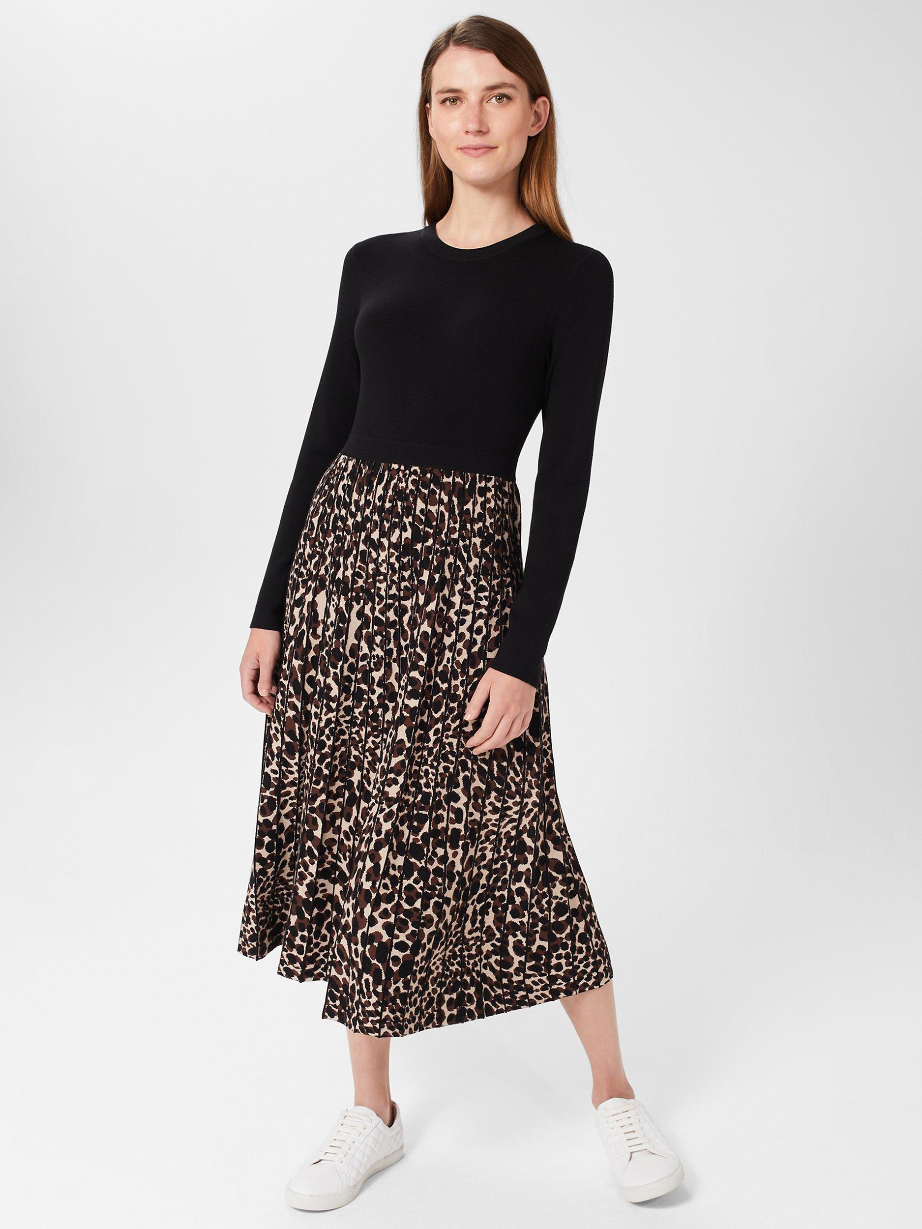 Hobbs Petite Harlie Animal Print Midi Dress, Black/Brown