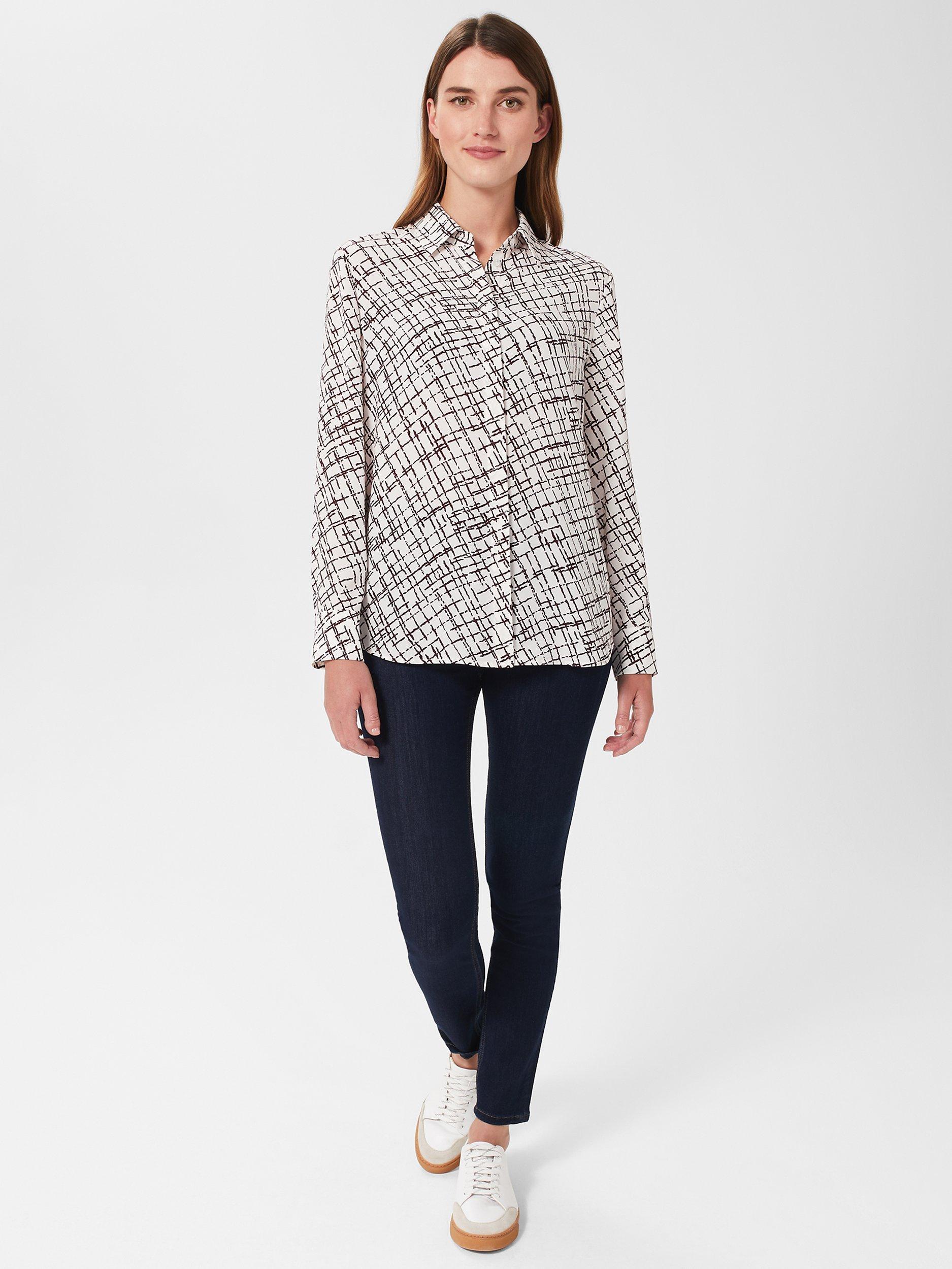 Product image 5 of 7, which shows Hobbs Eva Cross Hatch Print Shirt, Ivory/Plum, 10