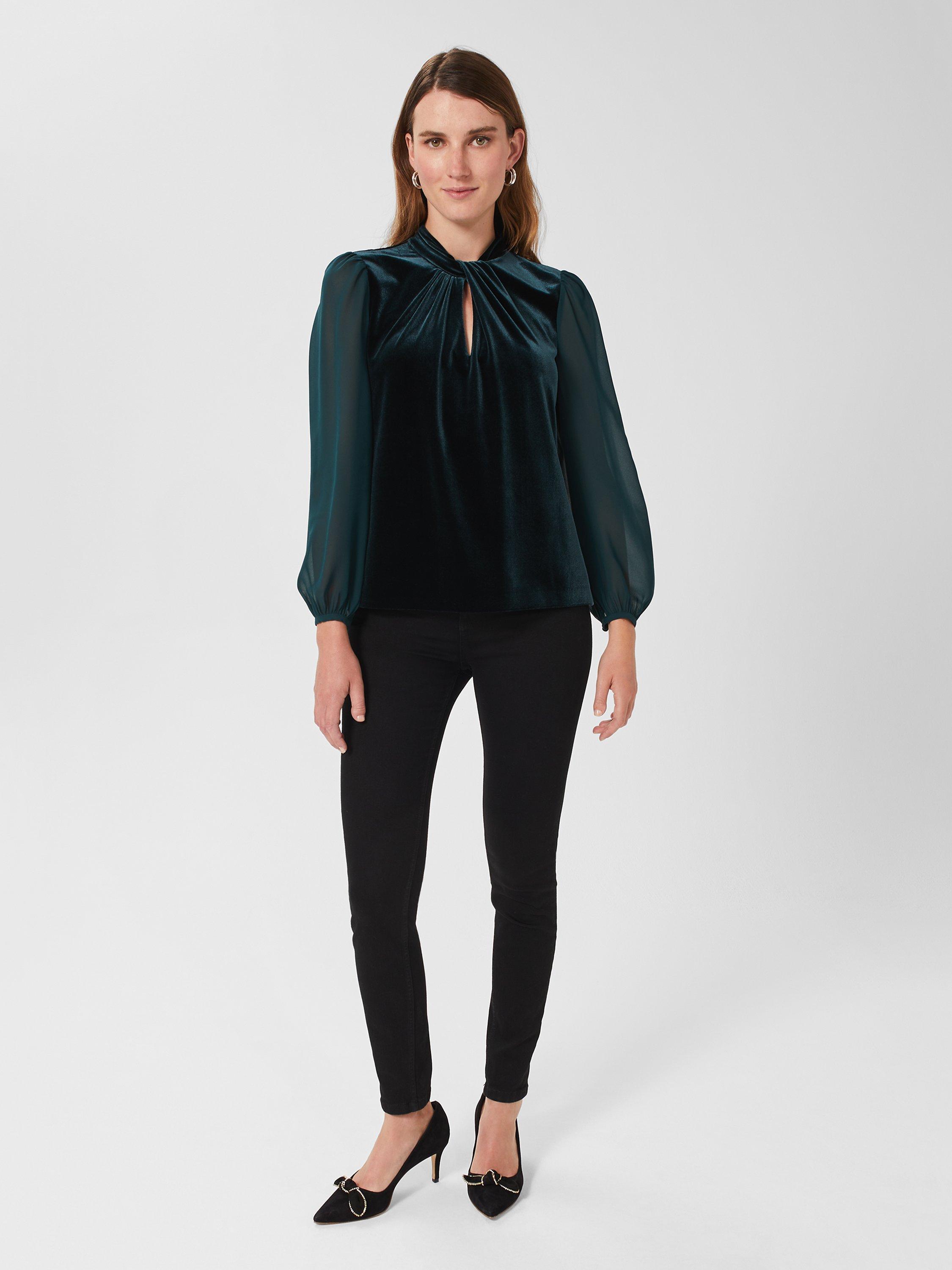 Hobbs Faye Twist Neck Velvet Top, Evergreen