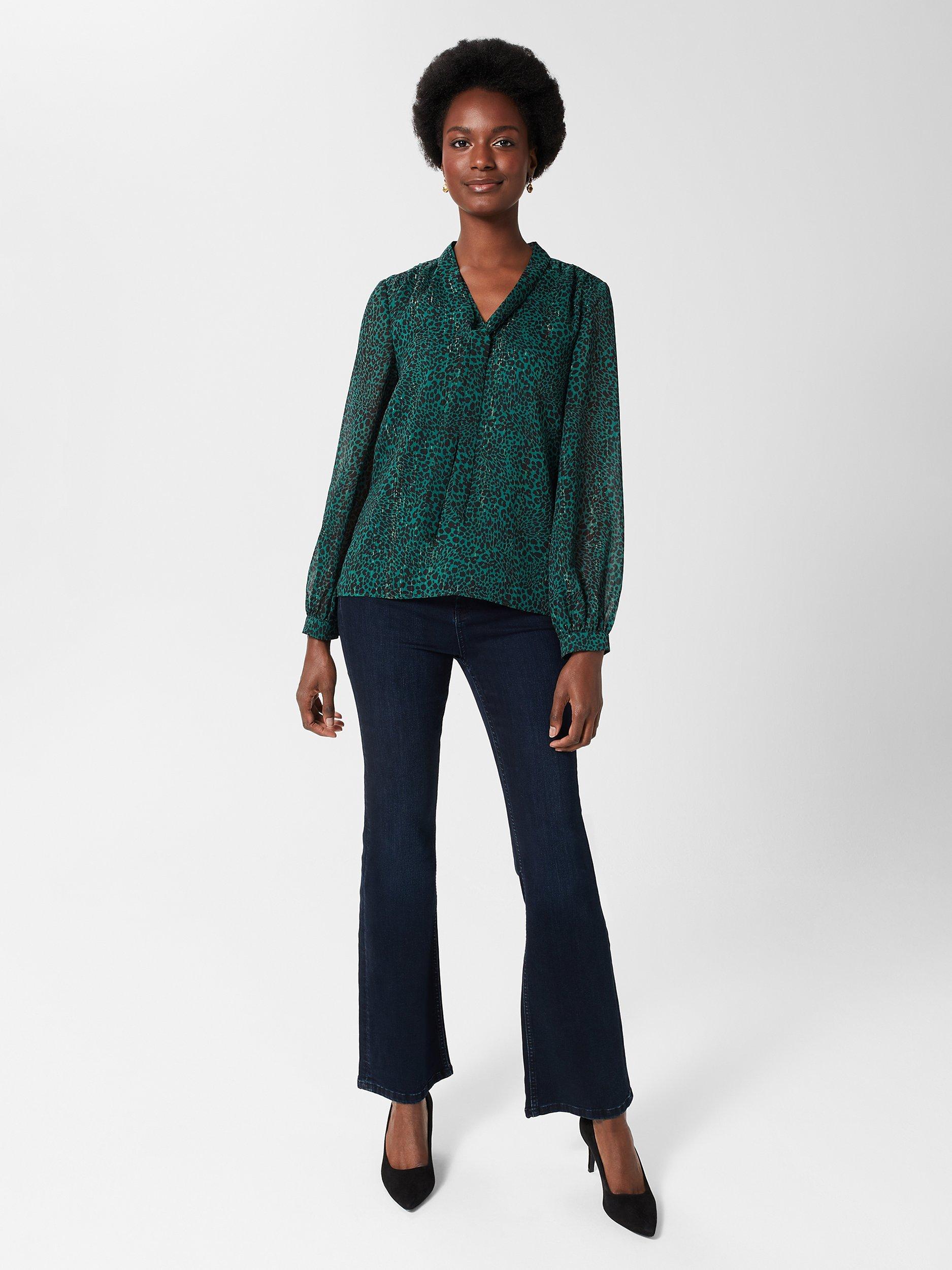 Product image 1 of 6, which shows Hobbs Sandy Leopard Print Metallic Blouse, Sea Green, 8
