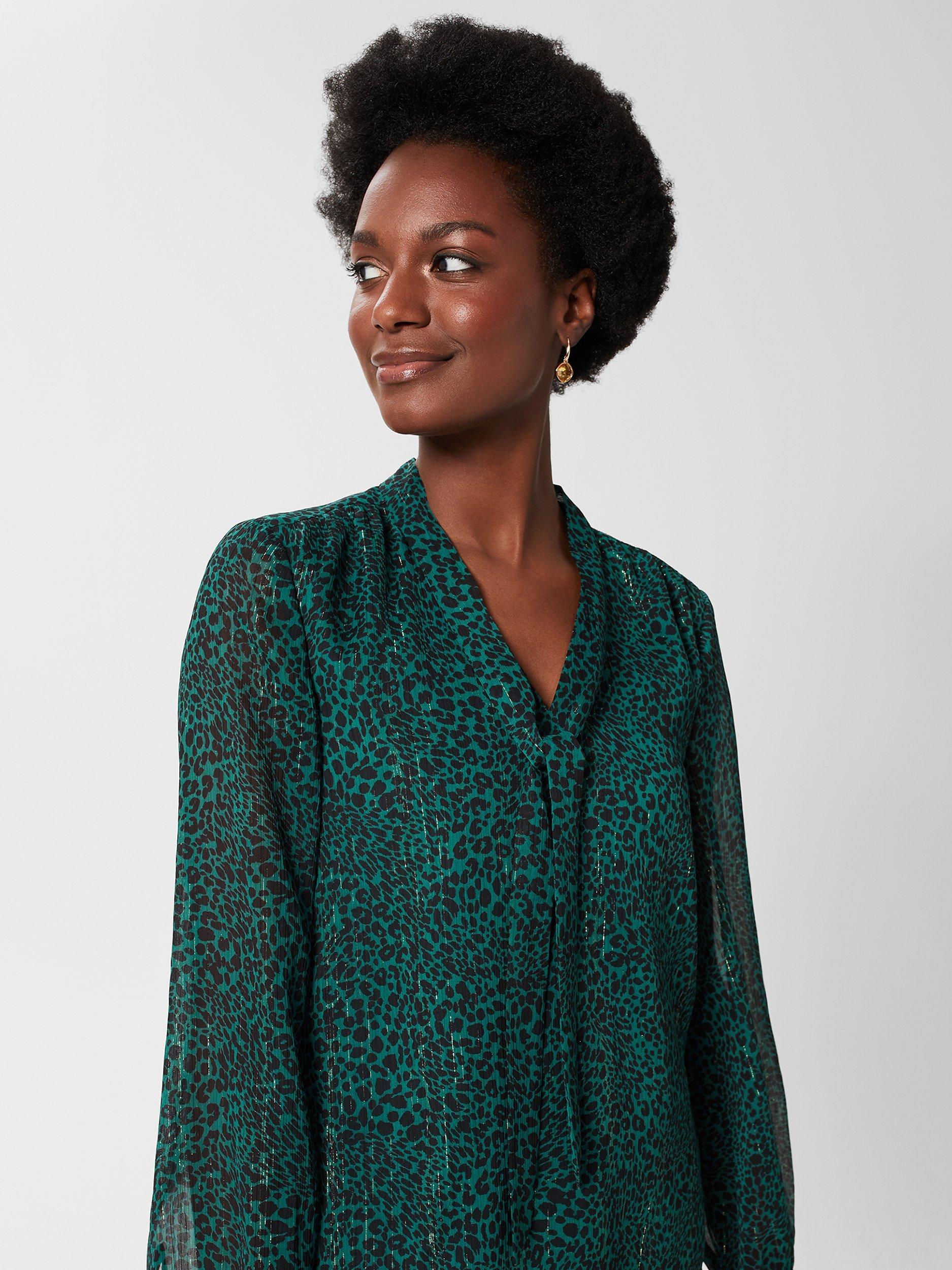 Product image 4 of 6, which shows Hobbs Sandy Leopard Print Metallic Blouse, Sea Green, 8